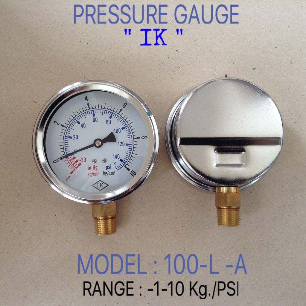 IK Pressure Gauges "IK" 4 นิ้ว -1-10KG/-30-140PSI ออกล่าง 1/2" ทองเหลือง NPT