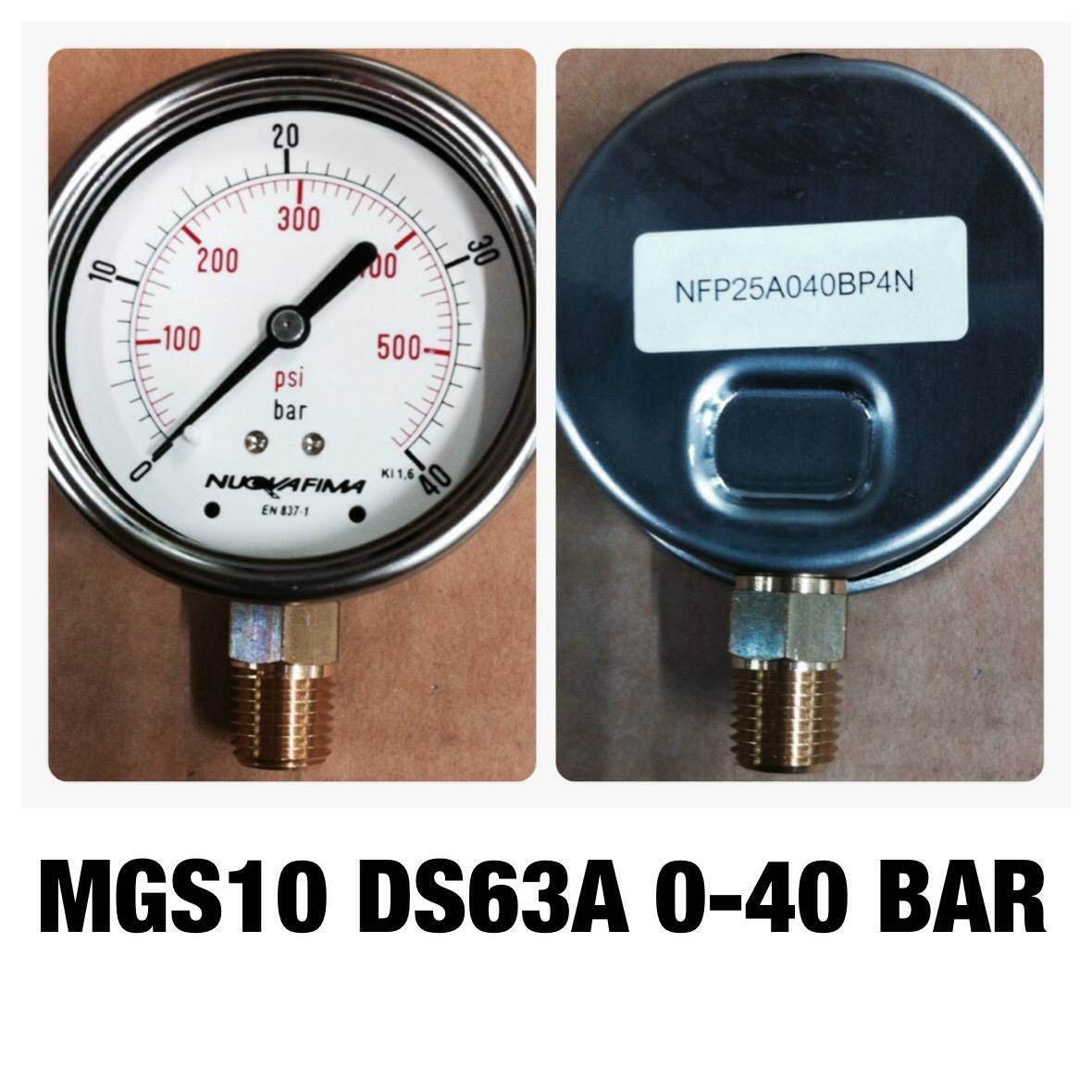 NUOVA FIMA Pressure Gauges 2.5 นิ้ว 0-40 BAR (500PSI) ออกล่าง เกลียว 1/4" NPT ทองเหลือง