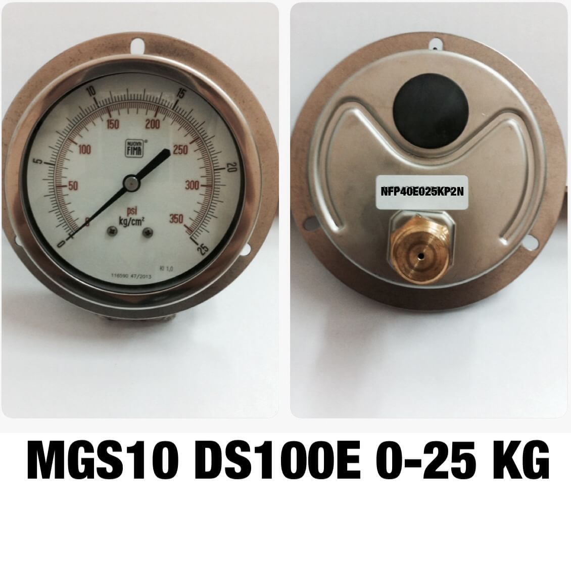 NUOVA FIMA Pressure Gauges 4 นิ้ว 0-25KG (350PSI) ออกหลังหน้าแปลน เกลียว 1/2" NPT ทองเหลือง