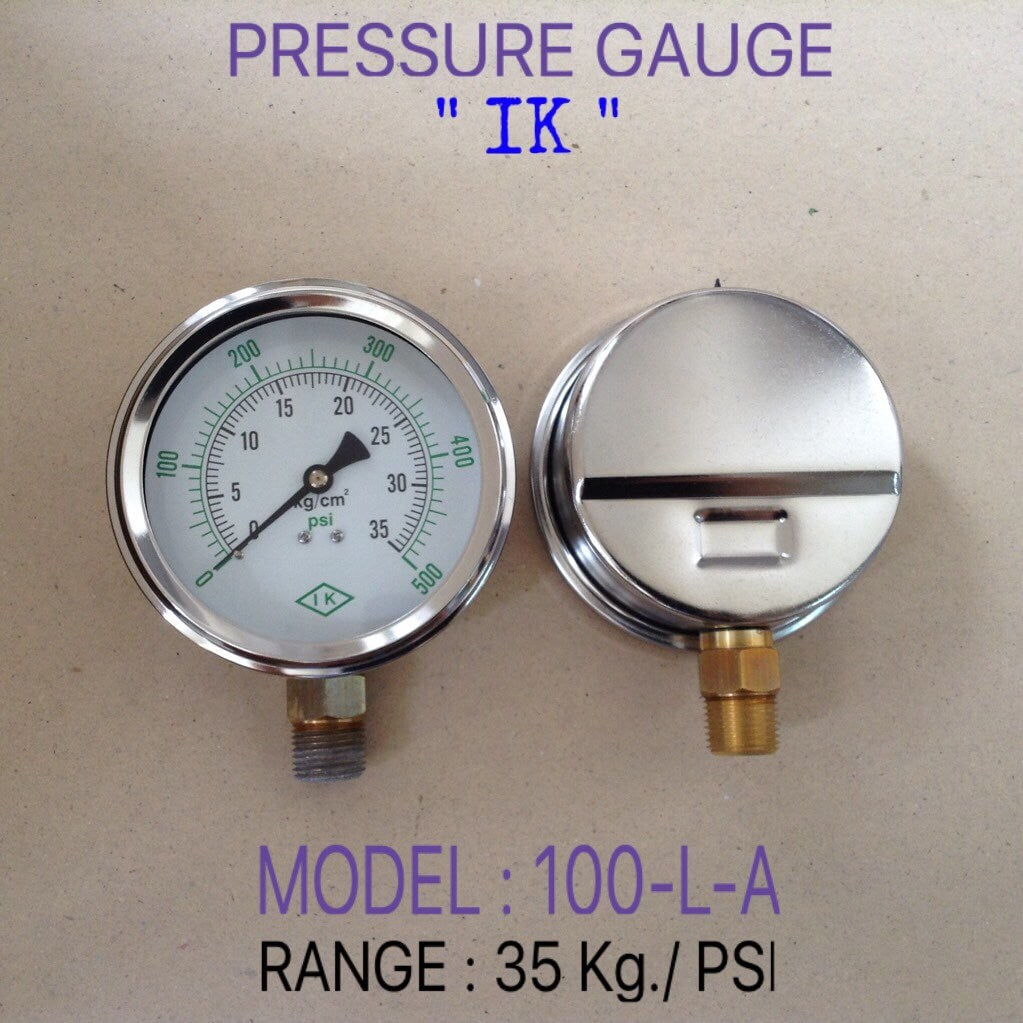IK Pressure Gauges "IK" 4 นิ้ว 0-35KG/0-500PSI ออกล่าง 1/2" ทองเหลือง NPT