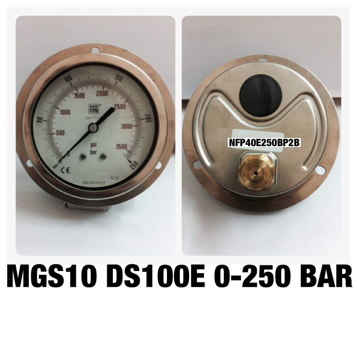 NUOVA FIMA Pressure Gauges 4 นิ้ว 0-250BAR (3625PSI) ออกหลังหน้าแปลน เกลียว 1/2" NPT ทองเหลือง