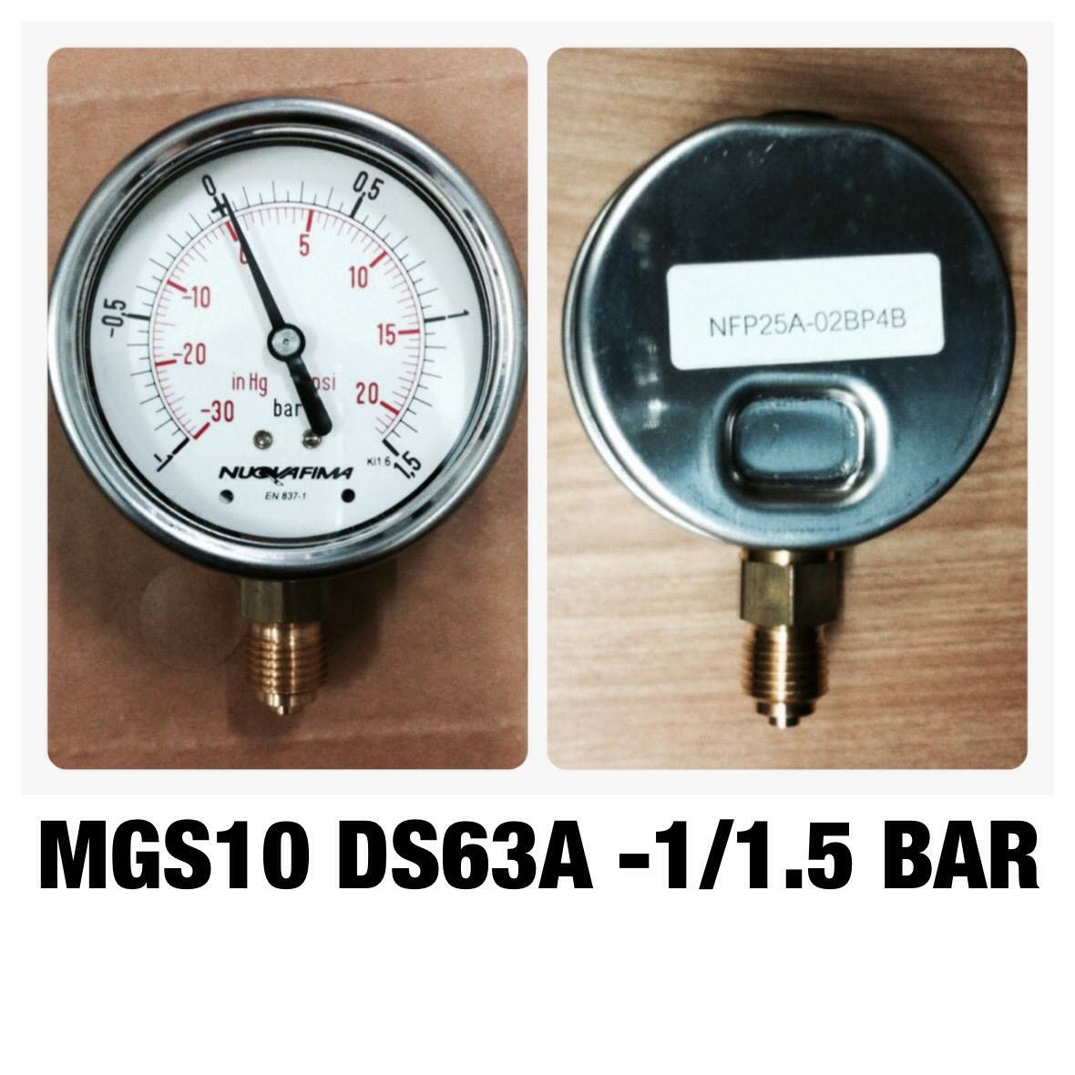 NUOVA FIMA Pressure Gauges 2.5 นิ้ว -30 INHg ถึง 20 PSI (-1 ถึง 1.5 BAR) ออกล่าง เกลียว 1/4" NPT ทองเหลือง