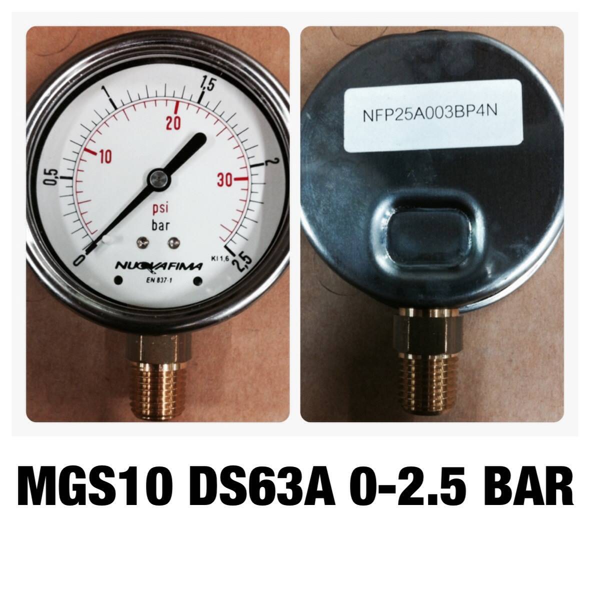 NUOVA FIMA Pressure Gauges 2.5 นิ้ว 0-2.5 BAR (36.25PSI) ออกล่าง เกลียว 1/4" NPT ทองเหลือง