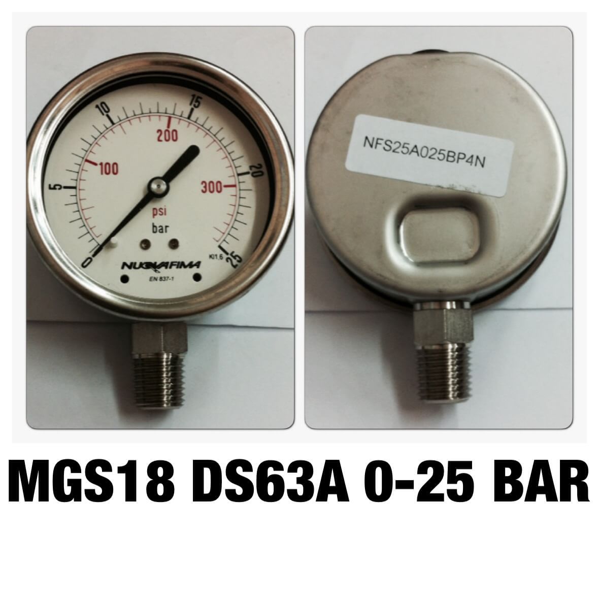 NUOVA FIMA Pressure Gauges 2.5 นิ้ว 0-25 BAR (300PSI) ออกล่าง เกลียว 1/4" NPT สแตนเลส