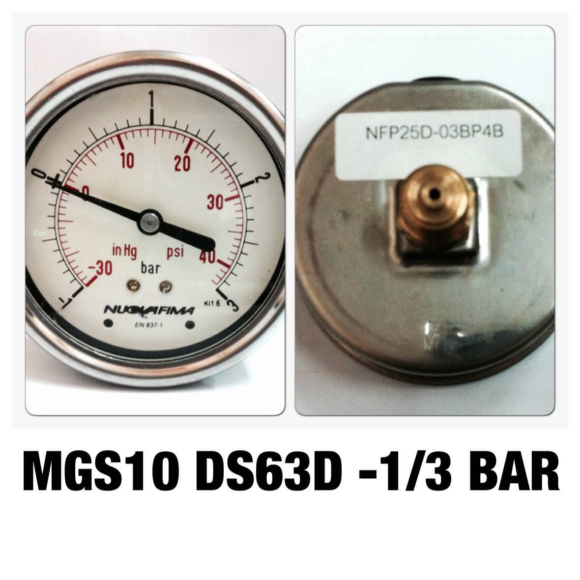 NUOVA FIMA Pressure Gauges 2.5 นิ้ว -30inHg ถึง 40 PSI (-1 ถึง 3 BAR) ออกหลัง เกลียว 1/4" BSP ทองเหลือง
