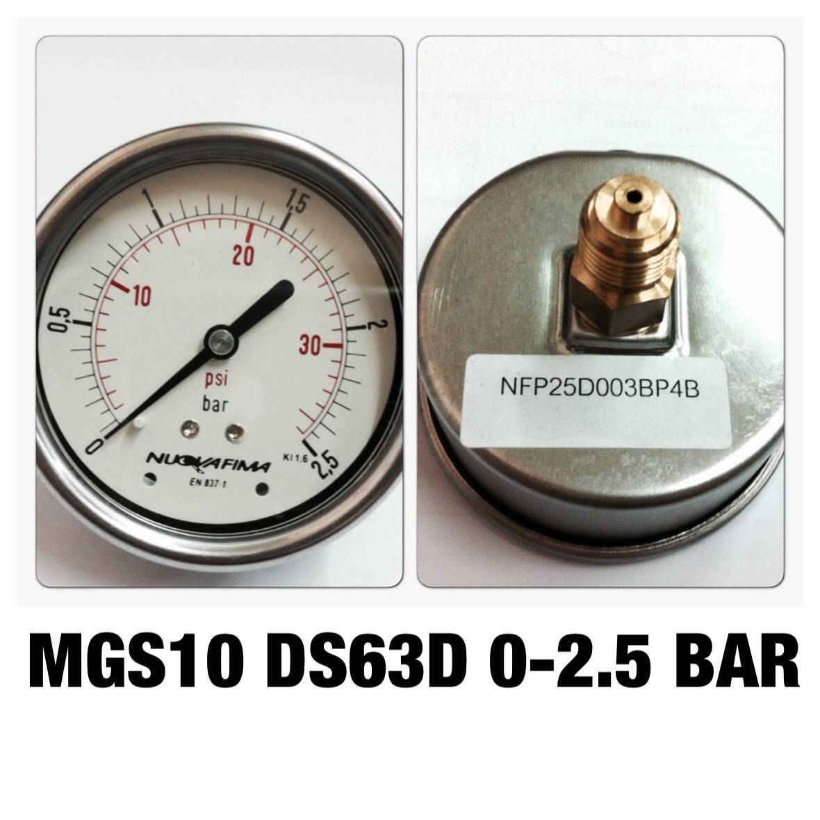 NUOVA FIMA Pressure Gauges 2.5 นิ้ว 0-2.5BAR (30PSI) ออกหลัง เกลียว 1/4" BSP ทองเหลือง