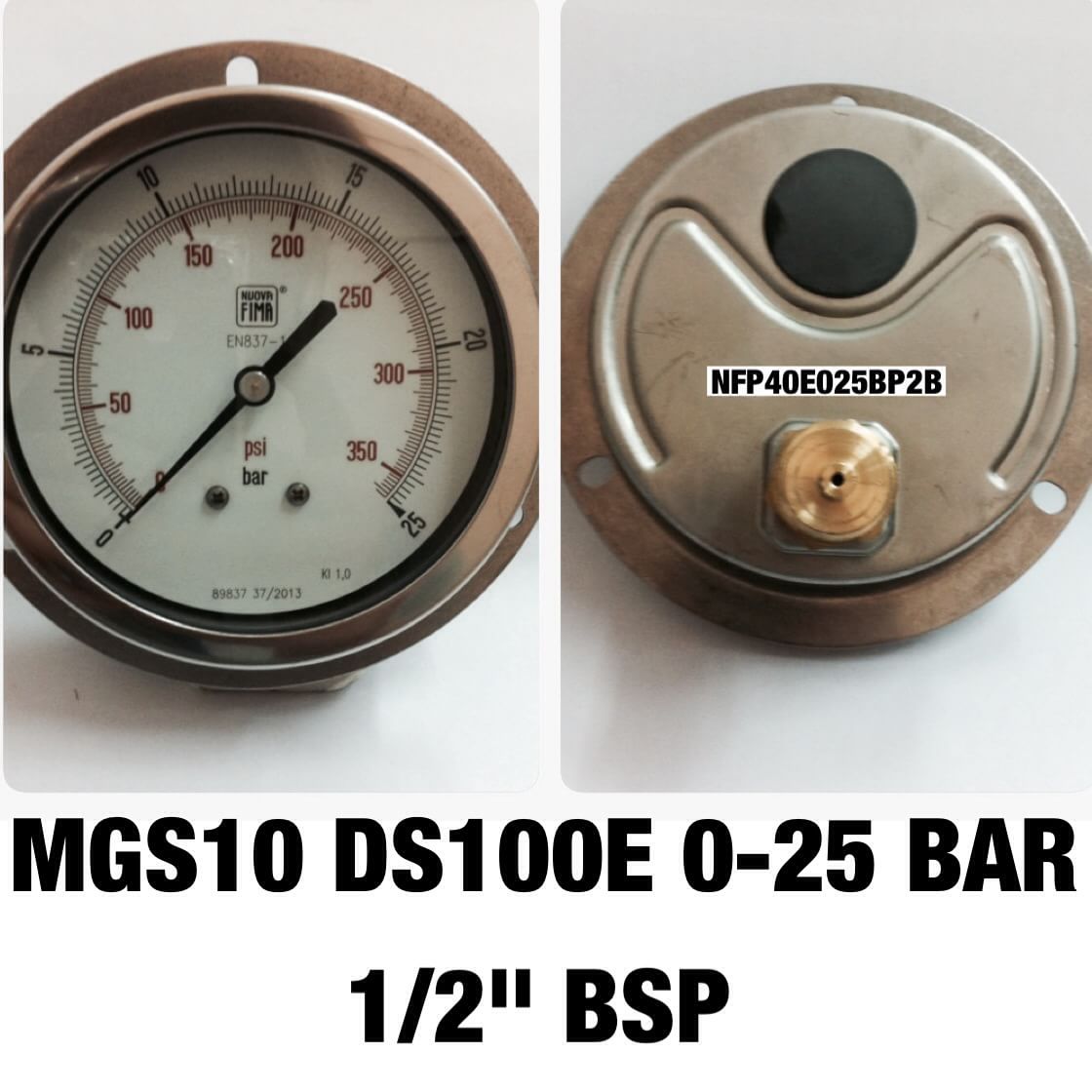 NUOVA FIMA Pressure Gauges 4 นิ้ว 0-25BAR (350PSI) ออกหลังหน้าแปลน เกลียว 1/2" BSP ทองเหลือง
