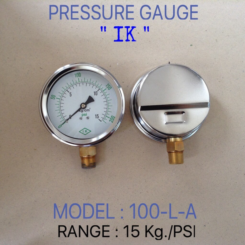 IK Pressure Gauges "IK" 4 นิ้ว 0-15KG/0-200PSI ออกล่าง 1/2" ทองเหลือง NPT