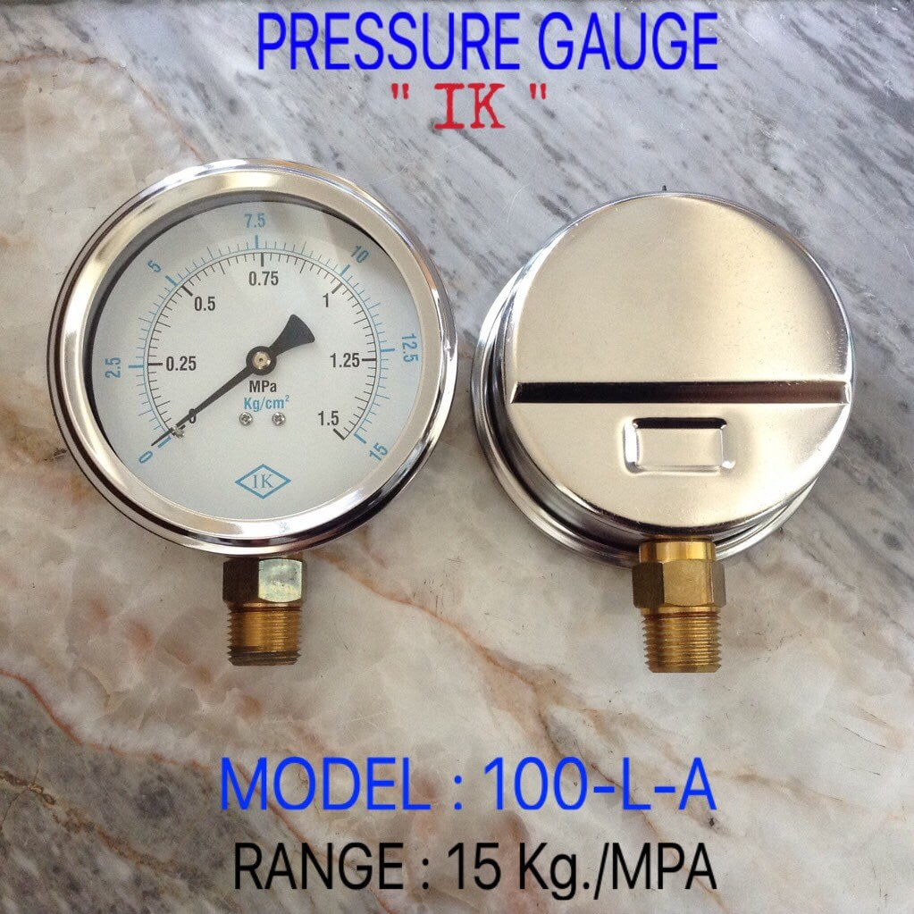 IK Pressure Gauges ''IK" 4 นิ้ว 0-1.5MPA/0-15KG ออกล่าง 1/2" ทองเหลือง NPT