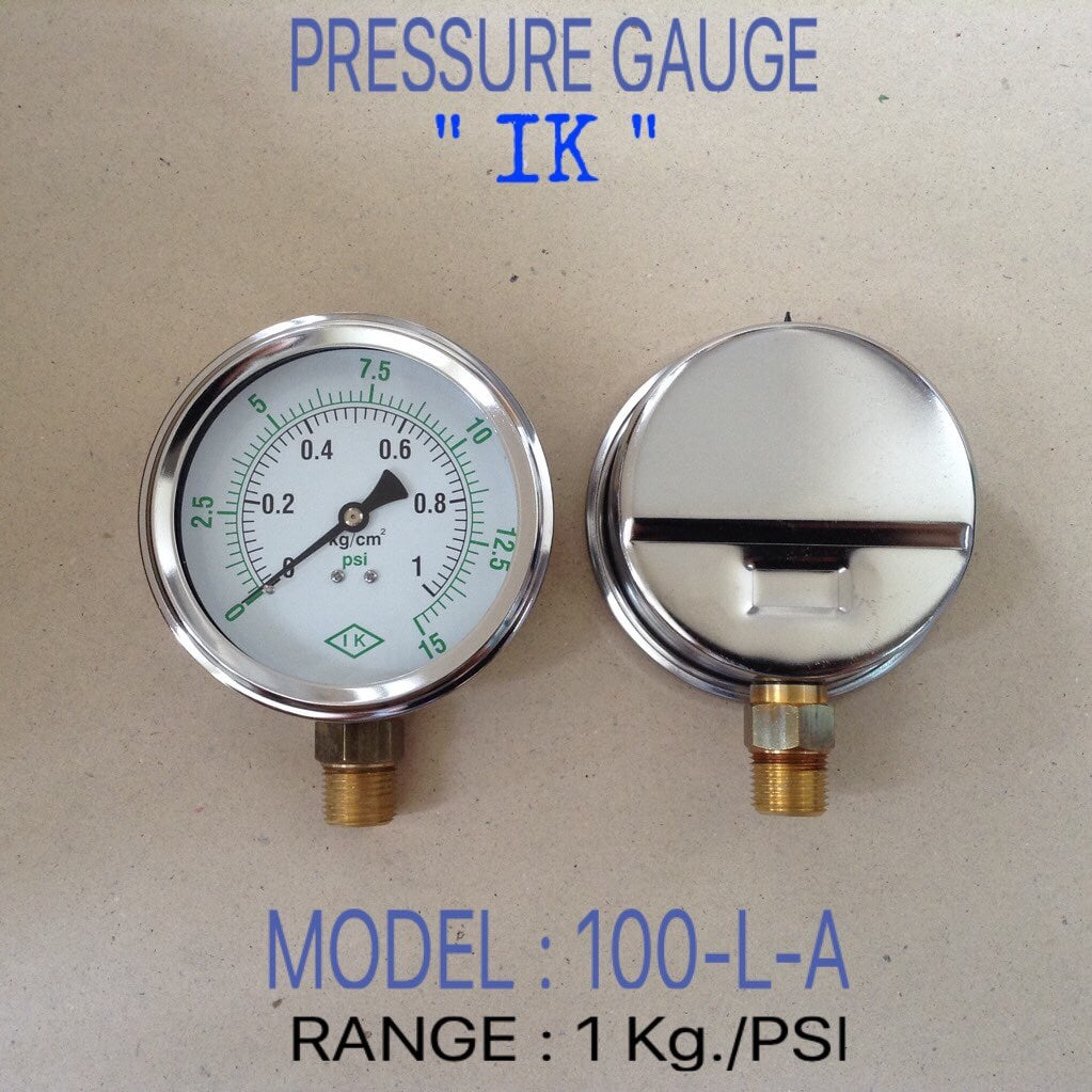 IK Pressure Gauges "IK" 4 นิ้ว 0-1KG/0-15PSI ออกล่าง 1/2" ทองเหลือง NPT