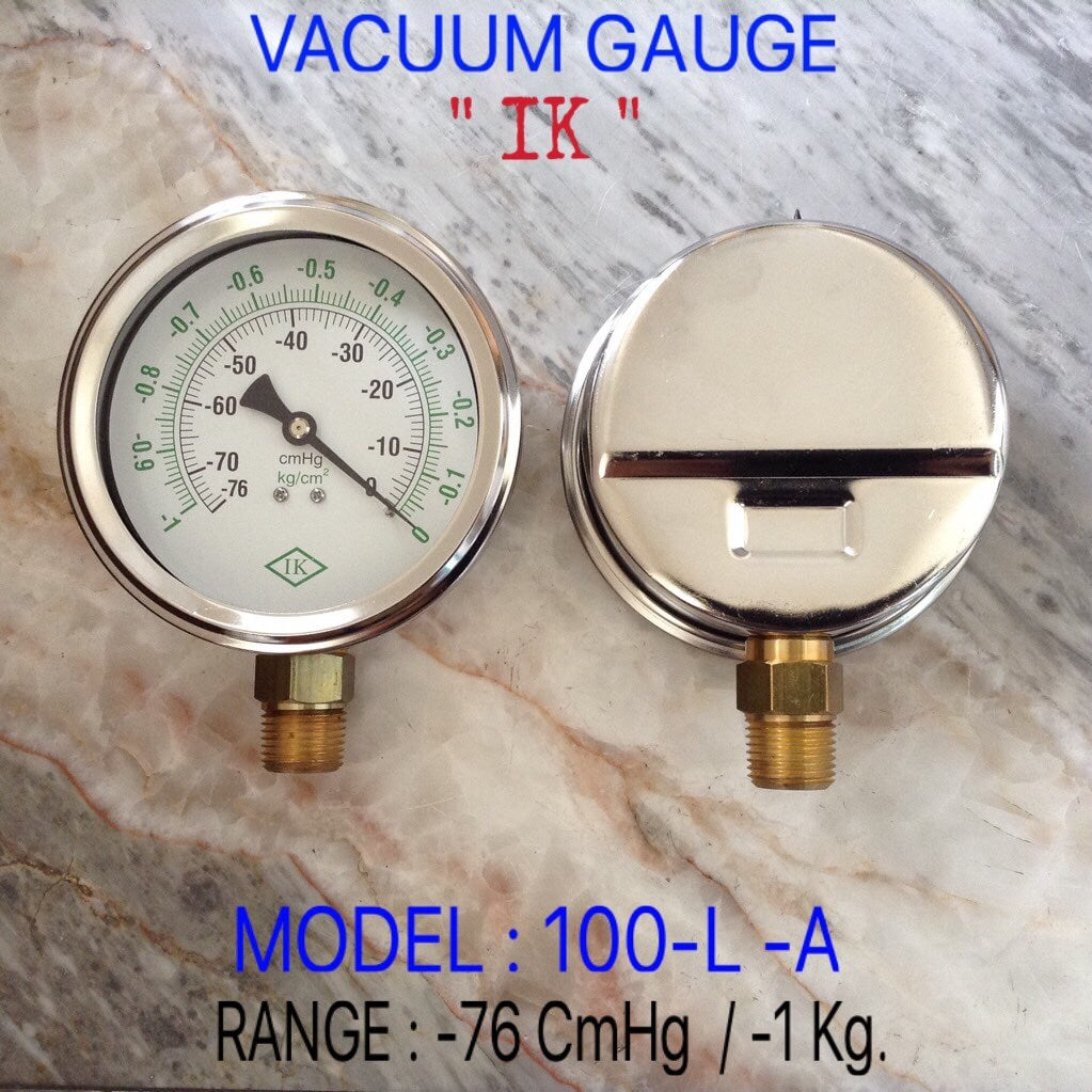 IK Pressure Gauges "IK" VACUUM GAUGE 4 นิ้ว -76 -0 CMHG/ -1-0KG ออกล่าง 1/2" ทองเหลือง NPT