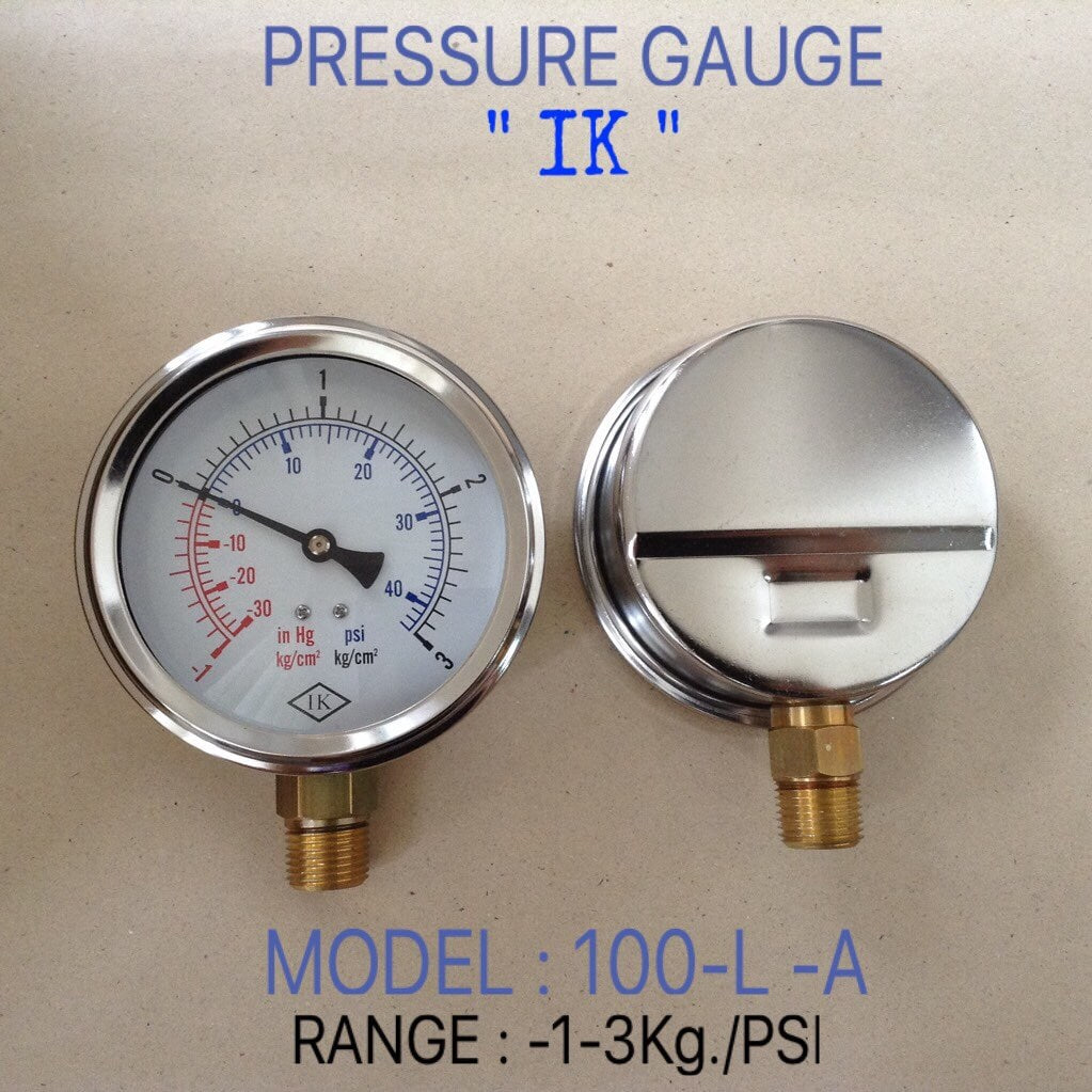 IK Pressure Gauges "IK" 4 นิ้ว -1-3KG/-30-40PSI ออกล่าง 1/2" ทองเหลือง NPT