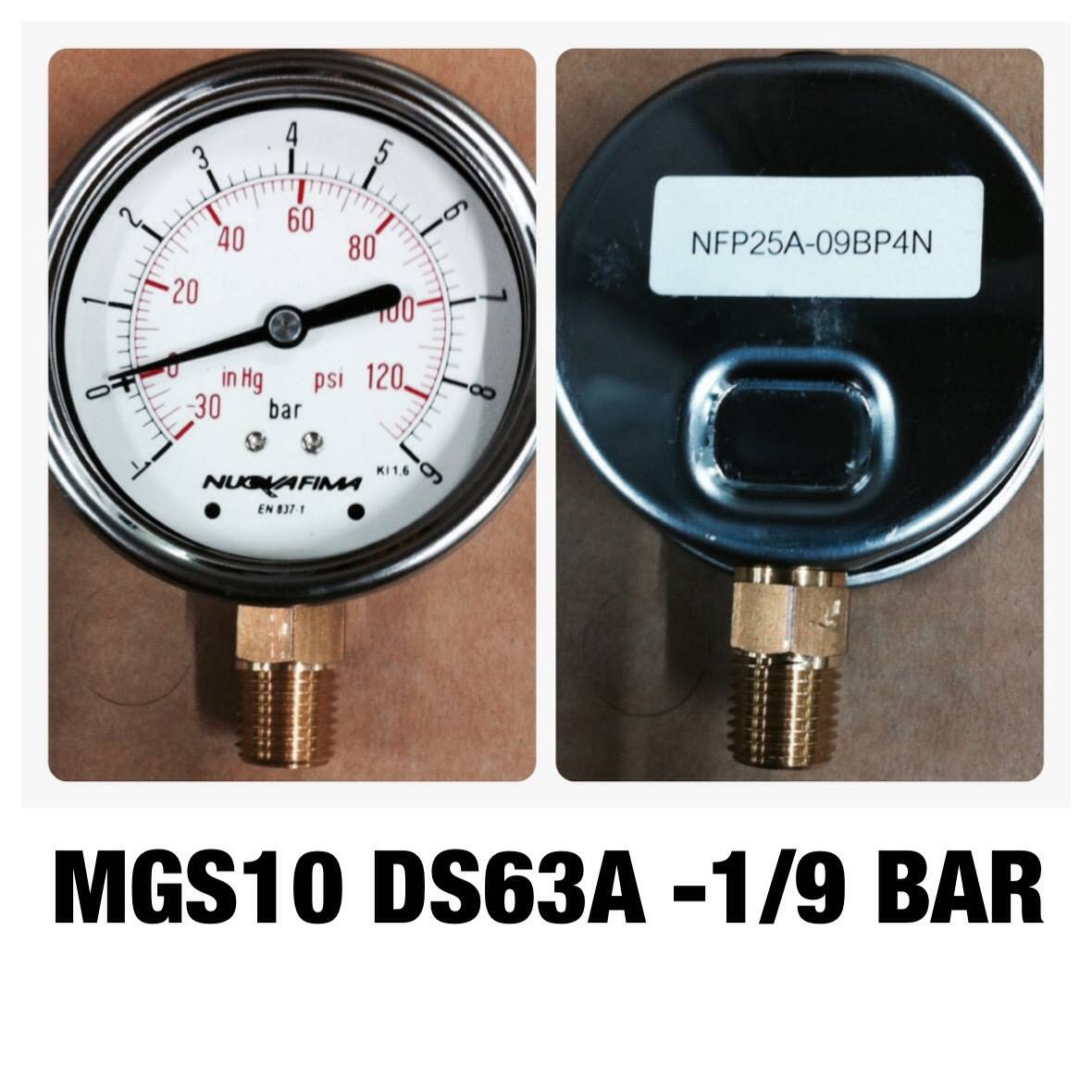 NUOVA FIMA Pressure Gauges 2.5 นิ้ว -30 INHg ถึง 120 PSI (-1 ถึง 9BAR) ออกล่าง เกลียว 1/4" NPT ทองเหลือง