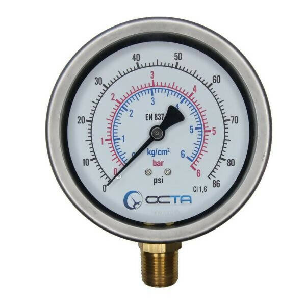 OCTA เกจวัดแรงดัน Pressure Gauge หน้าปัดขนาด 4″ เกลียวทองเหลืองออกล่างขนาด GB100 1/2" NPT OCTA