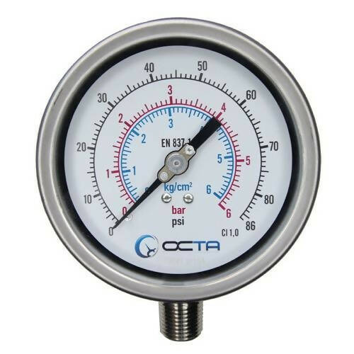 OCTA เกจวัดแรงดัน Pressure Gauge หน้าปัดขนาด 4″ เกลียวสแตนเลสออกล่าง 1/2" NPT OCTA GS100
