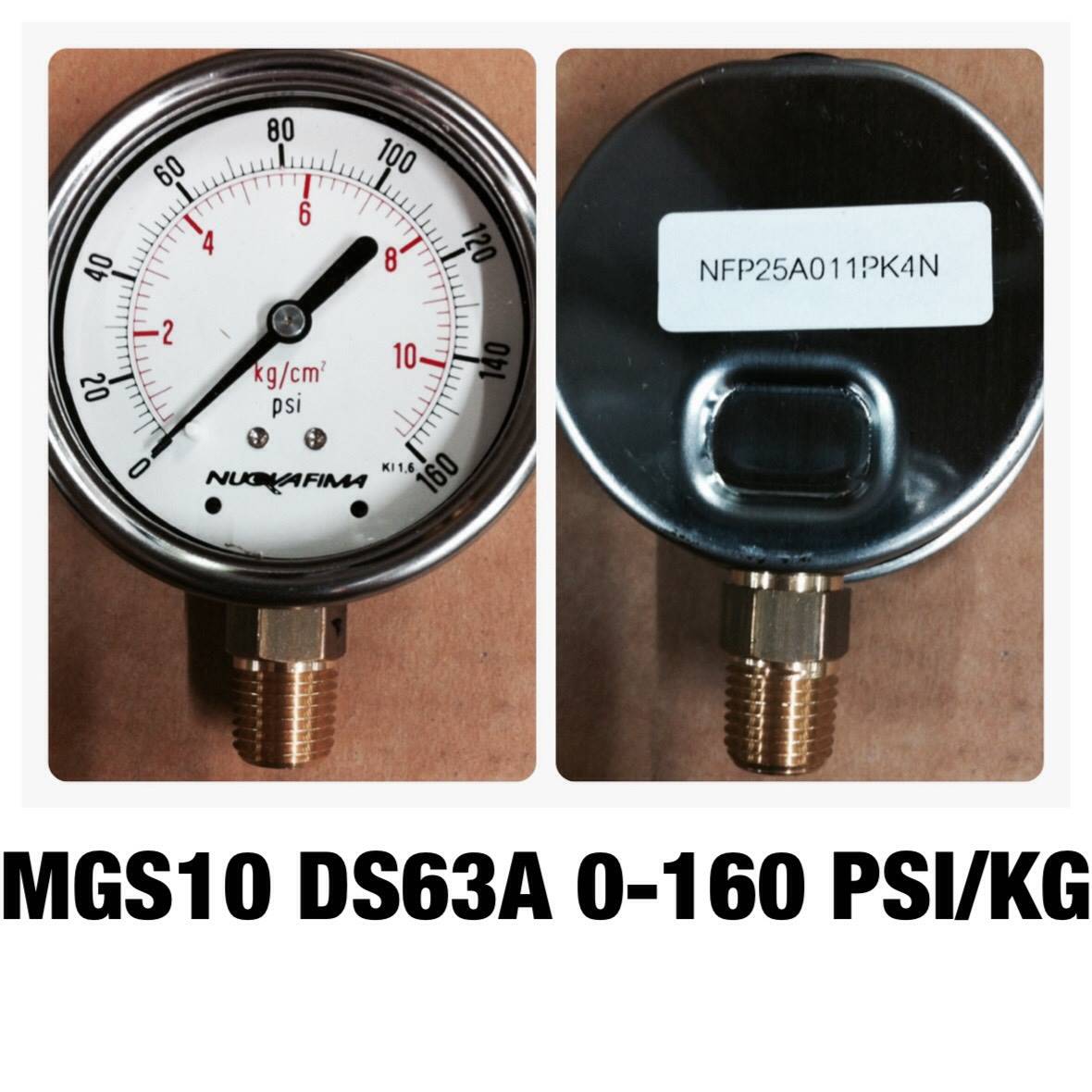 NUOVA FIMA Pressure Gauges 2.5 นิ้ว 0-10 KG (160PSI) ออกล่าง เกลียว 1/4" NPT ทองเหลือง