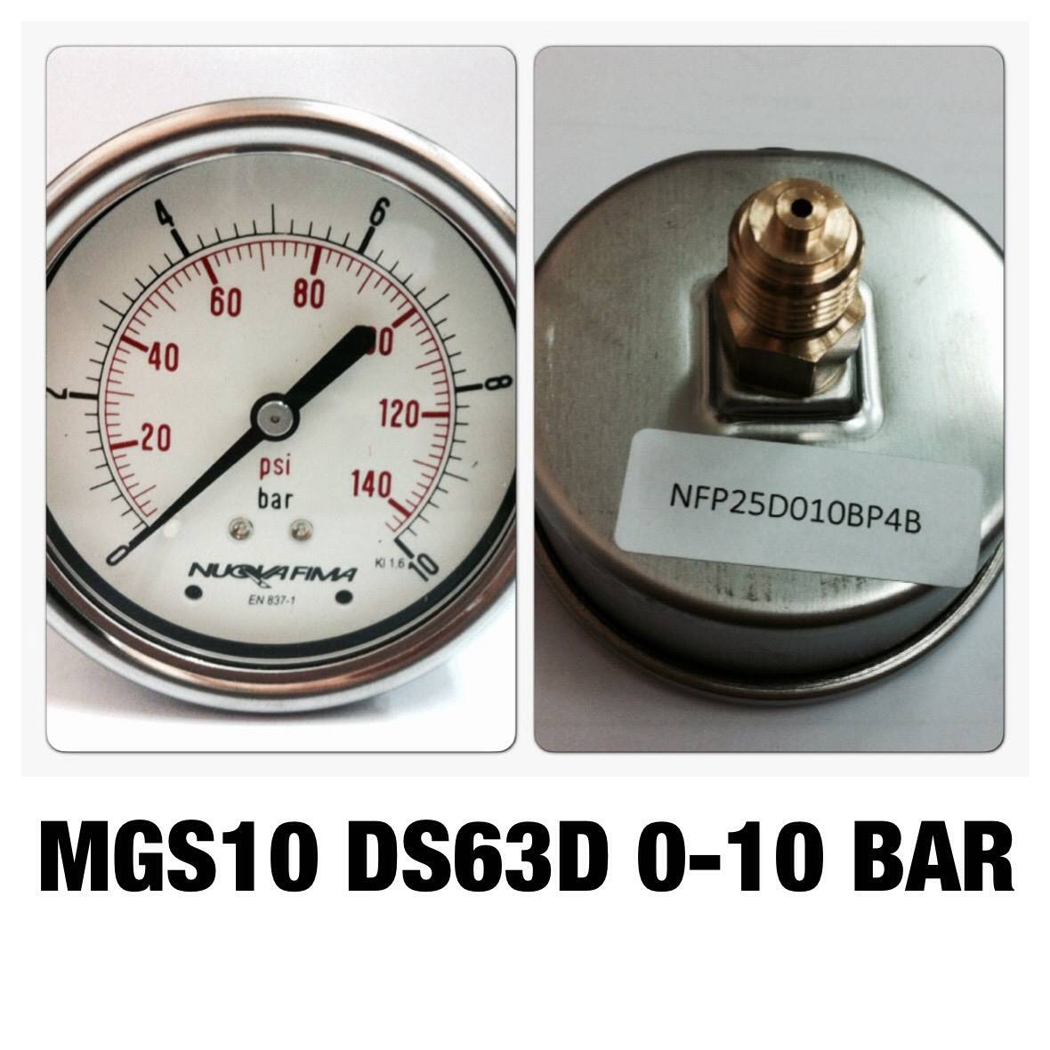 NUOVA FIMA Pressure Gauges 2.5 นิ้ว 0-10BAR (140PSI) ออกหลัง เกลียว 1/4" BSP ทองเหลือง
