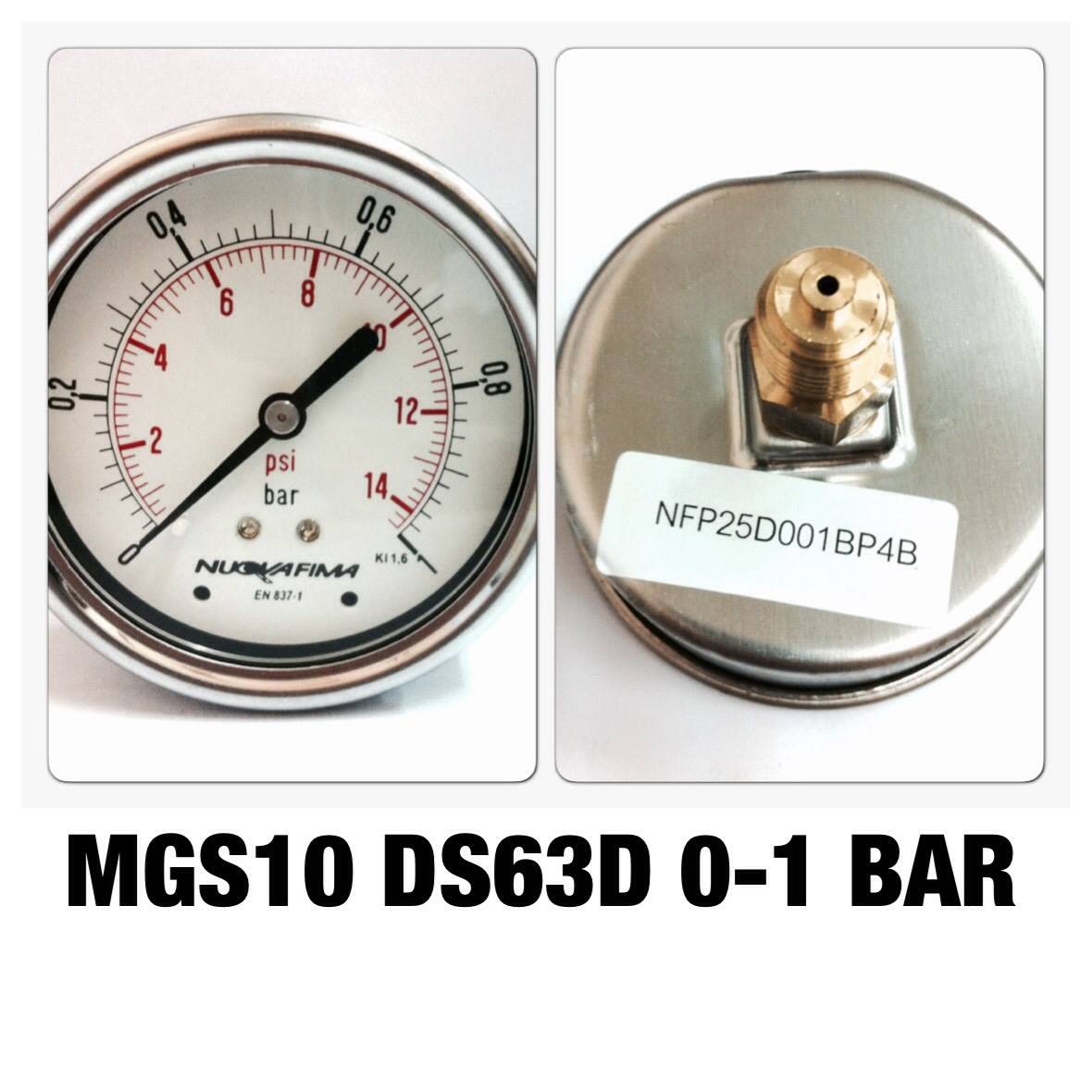 NUOVA FIMA Pressure Gauges 2.5 นิ้ว 0-1BAR (14PSI) ออกหลัง เกลียว 1/4" BSP ทองเหลือง