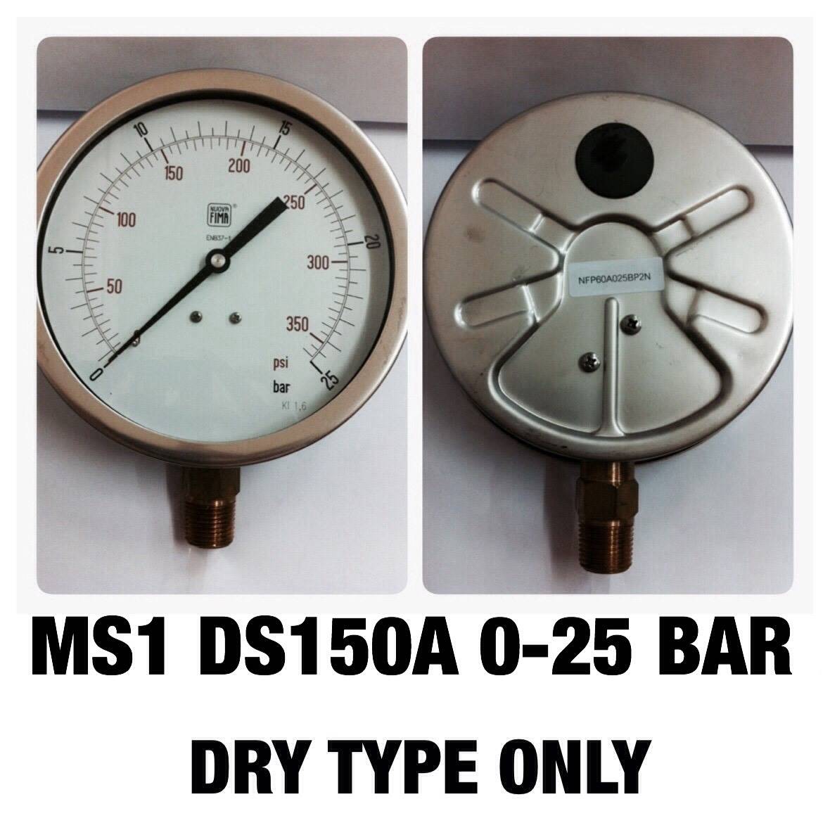 NUOVA FIMA Pressure Gauges 6 นิ้ว 0-25 BAR (360PSI) ออกล่าง เกลียว 1/2" NPT ทองเหลือง (แบบแห้ง)