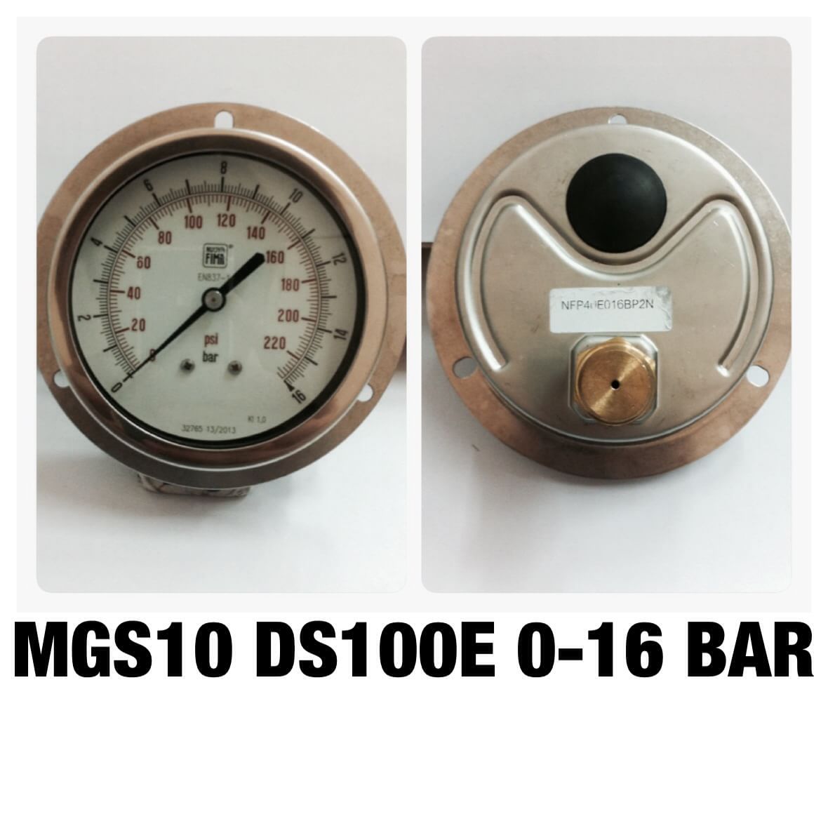 NUOVA FIMA Pressure Gauges 4 นิ้ว 0-16BAR (220PSI) ออกหลังหน้าแปลน เกลียว 1/2" NPT ทองเหลือง