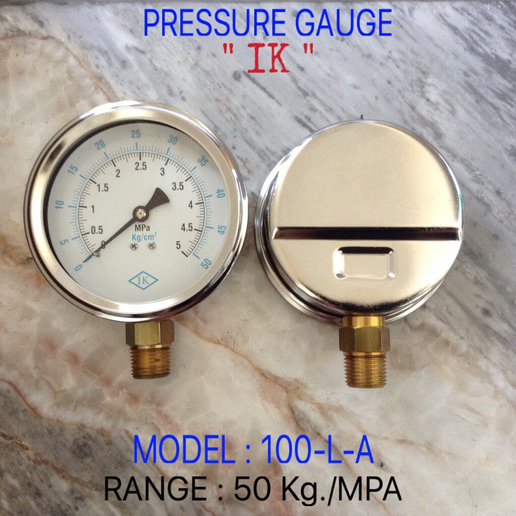 IK Pressure Gauges "IK" 4 นิ้ว 0-5MPA /0-50KG ออกล่าง 1/2" ทองเหลือง NPT