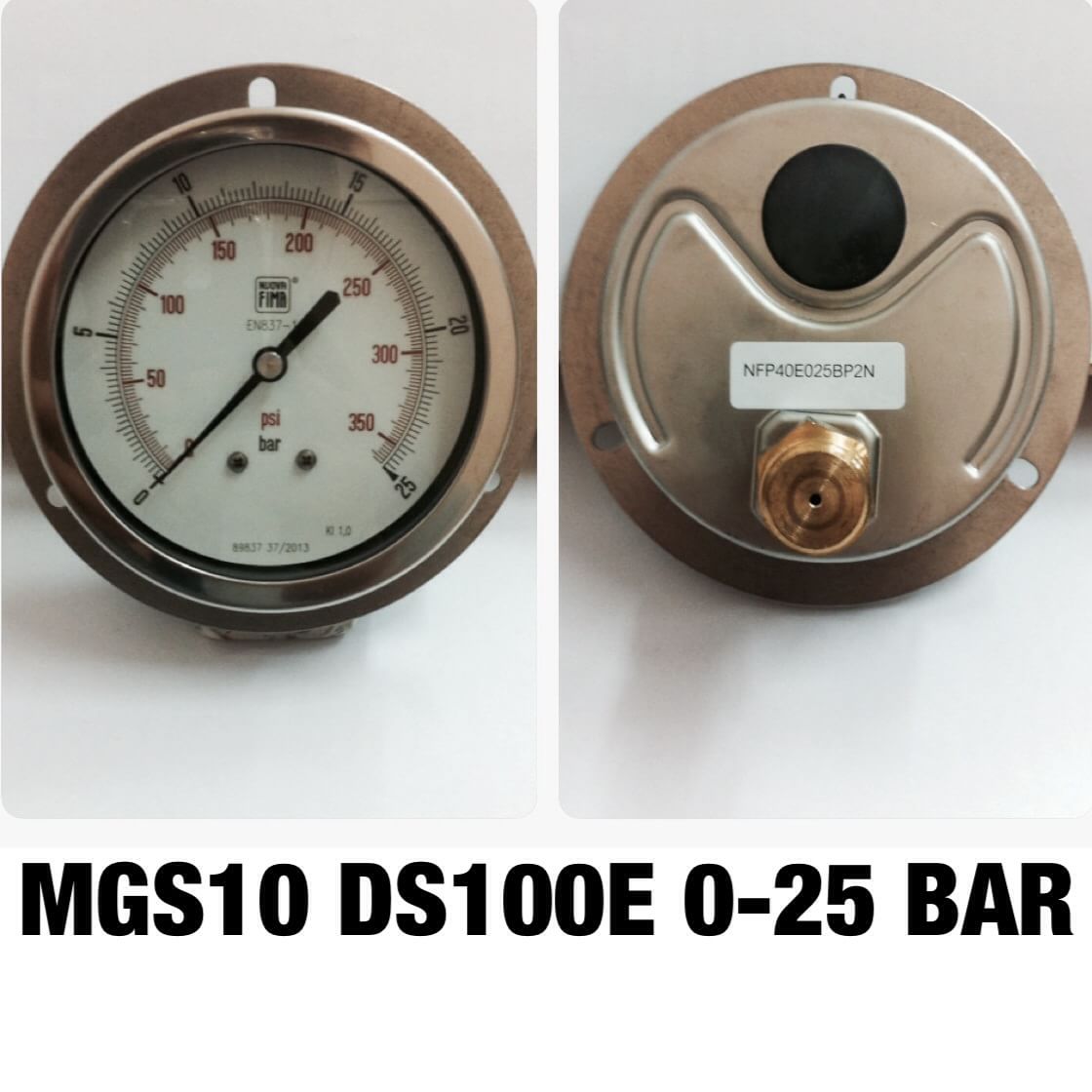 NUOVA FIMA Pressure Gauges 4 นิ้ว 0-25BAR (350PSI) ออกหลังหน้าแปลน เกลียว 1/2" NPT ทองเหลือง