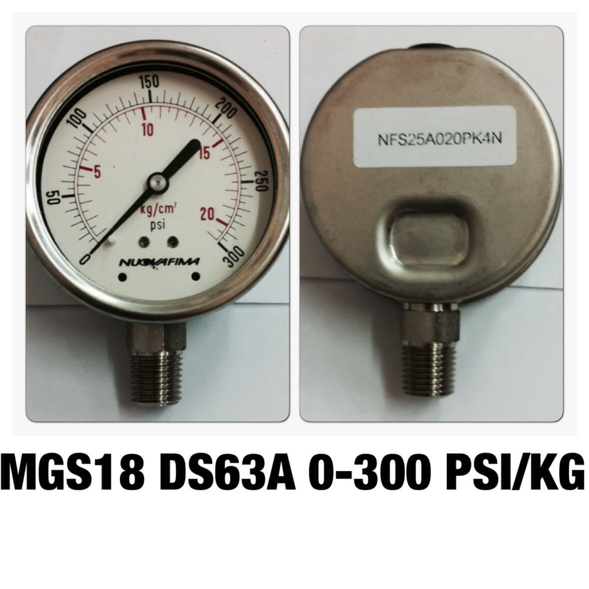 NUOVA FIMA Pressure Gauges 2.5 นิ้ว 0-20 KG (300PSI) ออกล่าง เกลียว 1/4" NPT สแตนเลส