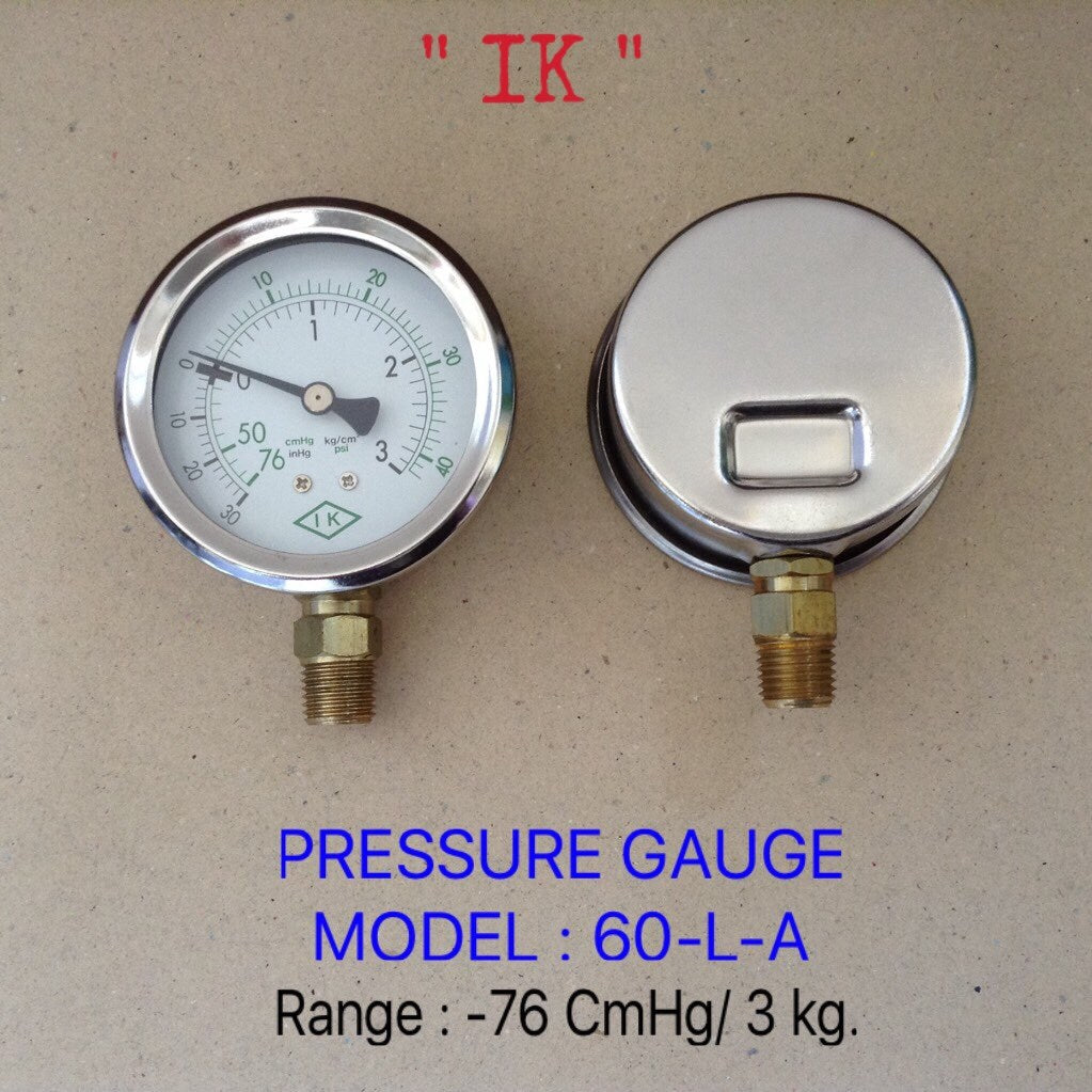 IK Pressure Gauges "IK" 2.5 นิ้ว -76 CMHG 3KG/ -30-40 PSI ออกล่าง 1/4" ทองเหลือง NPT