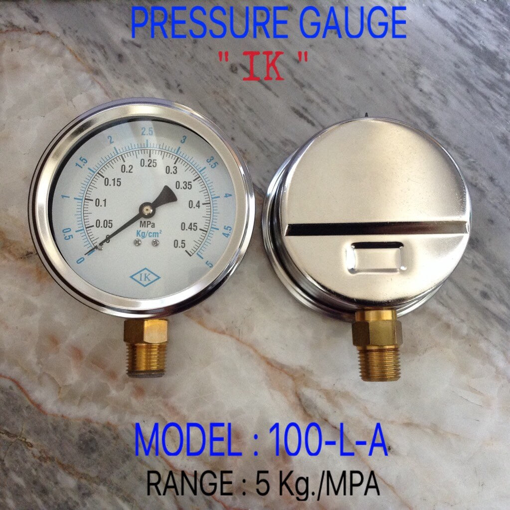 IK Pressure Gauges "IK" 4 นิ้ว 0-0.5MPA/0-5KG ออกล่าง 1/2" ทองเหลือง NPT