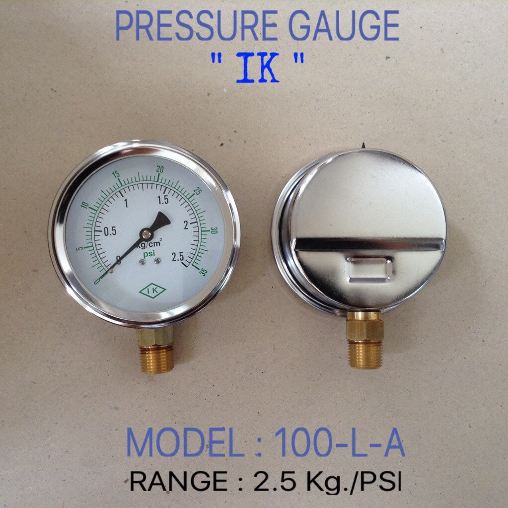 IK Pressure Gauges "IK" 4 นิ้ว 0-2.5KG/0-35PSI ออกล่าง 1/2" ทองเหลือง NPT