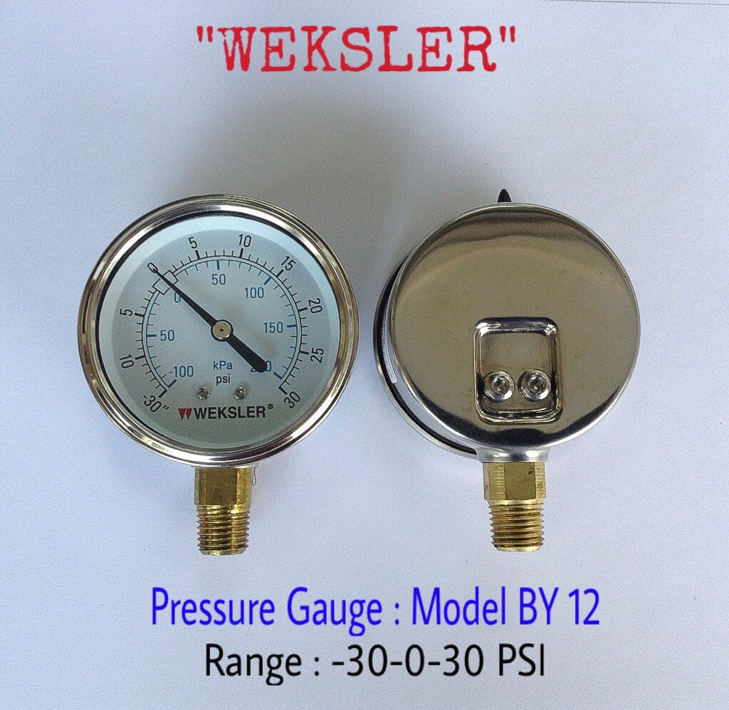 WEKSLER Pressure Gauges "WEKSLER" 2.5 นิ้ว -100-200KPA/-30-30PSI ออกล่าง 1/4" ทองเหลือง NPT