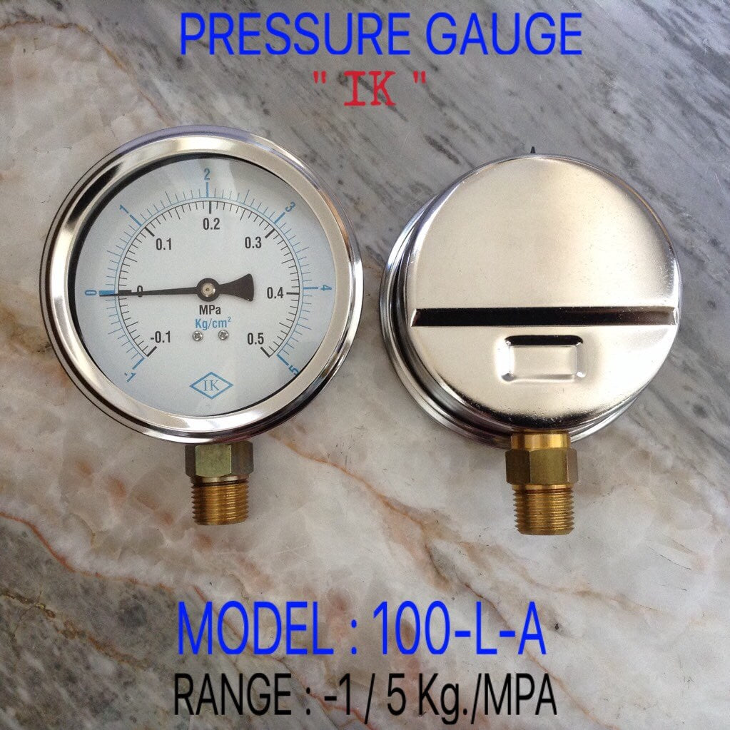 IK Pressure Gauges "IK" 4 นิ้ว -0.1+0.5MPA/-1+5KG ออกล่าง 1/2" ทองเหลือง NPT