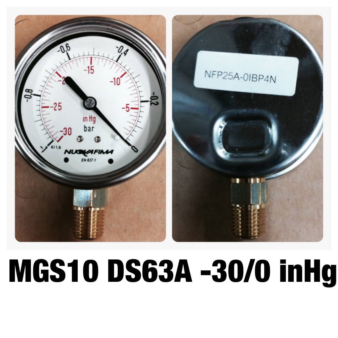 NUOVA FIMA Pressure Gauges 2.5 นิ้ว -30 INHg (-1 BAR) ออกล่าง เกลียว 1/4" NPT ทองเหลือง