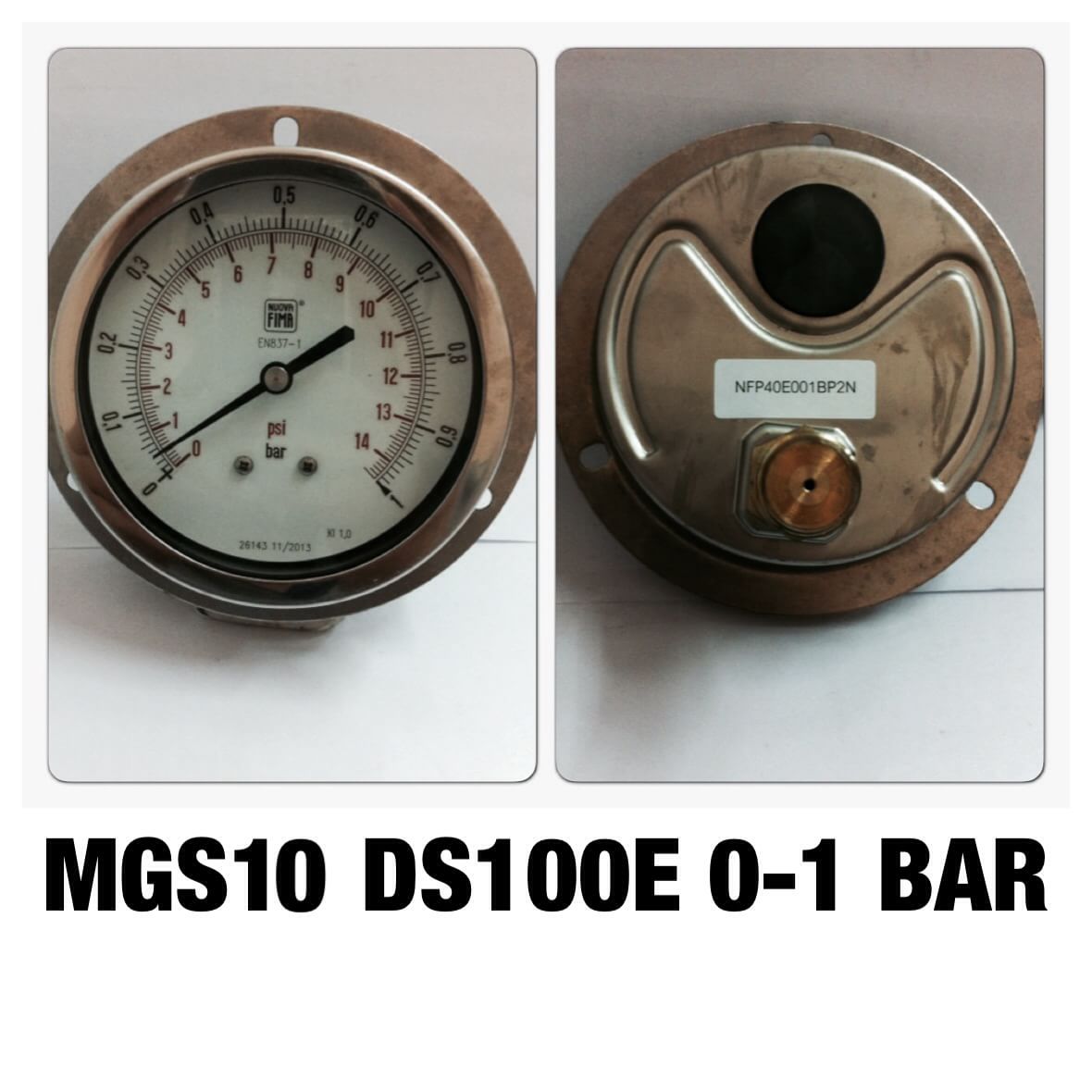 NUOVA FIMA Pressure Gauges 4 นิ้ว 0-1BAR (14PSI) ออกหลังหน้าแปลน เกลียว 1/2" NPT ทองเหลือง