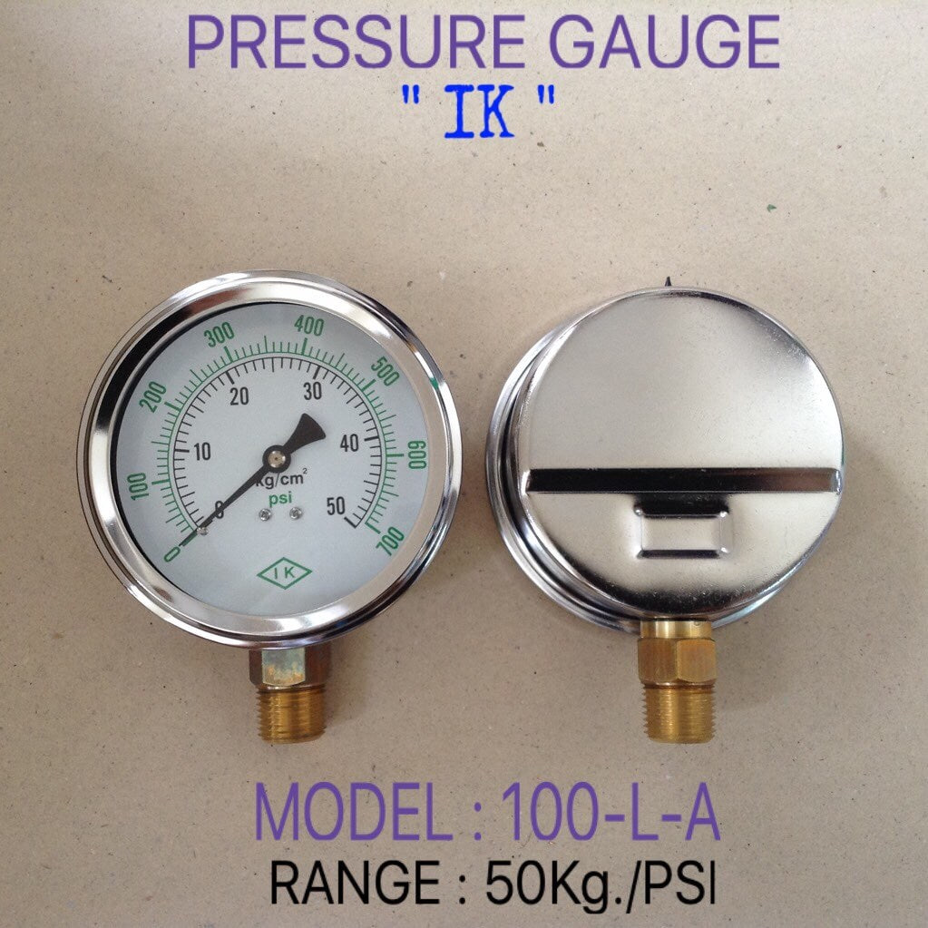 IK Pressure Gauges "IK" 4 นิ้ว 0-50KG/0-700PSI ออกล่าง 1/2" ทองเหลือง NPT