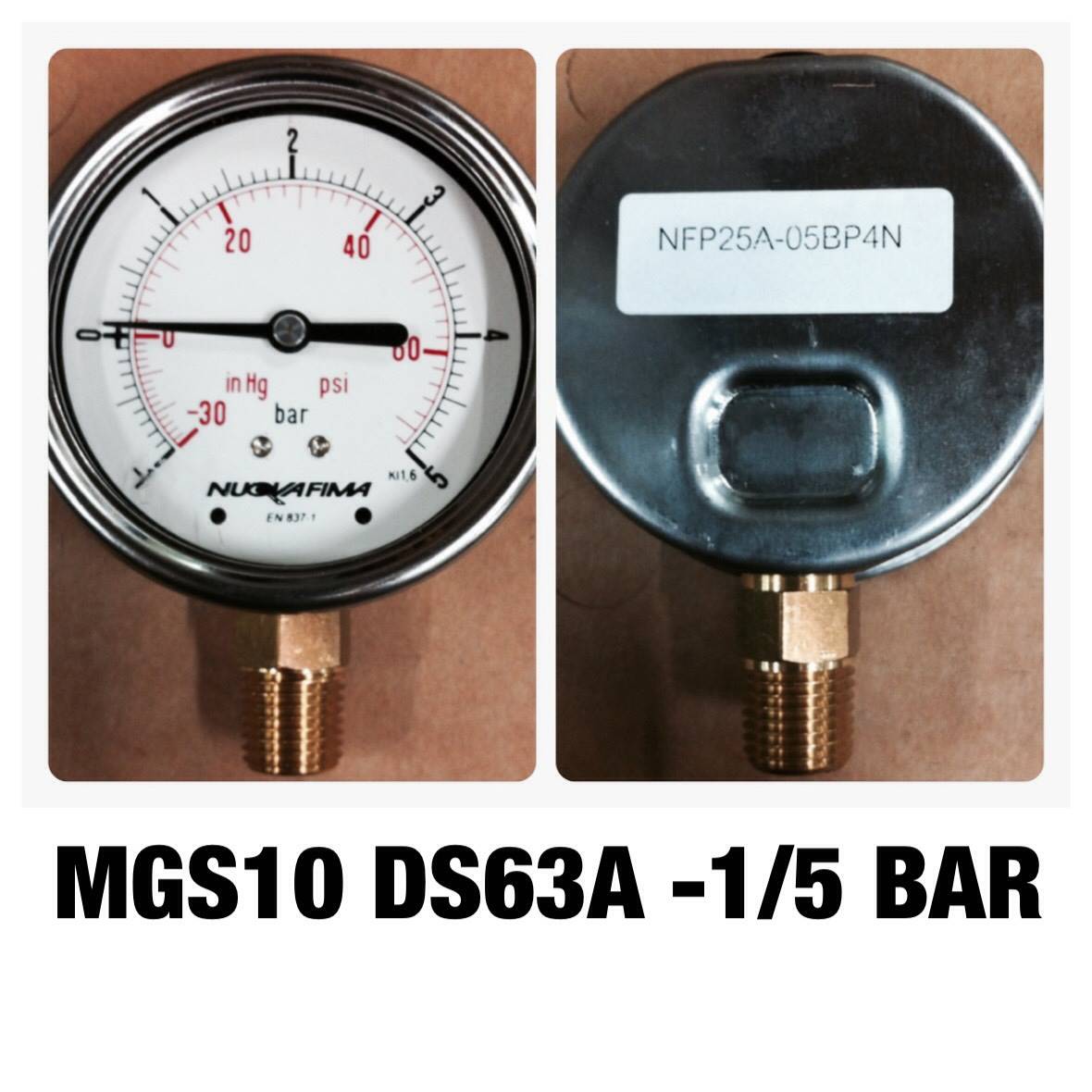 NUOVA FIMA Pressure Gauges COMPOUND GAUGE 2.5 นิ้ว -30 INHg ถึง 60 PSI (-1 ถึง 5BAR) ออกล่าง เกลียว 1/4" NPT ทองเหลือง "NUOVA FIMA"