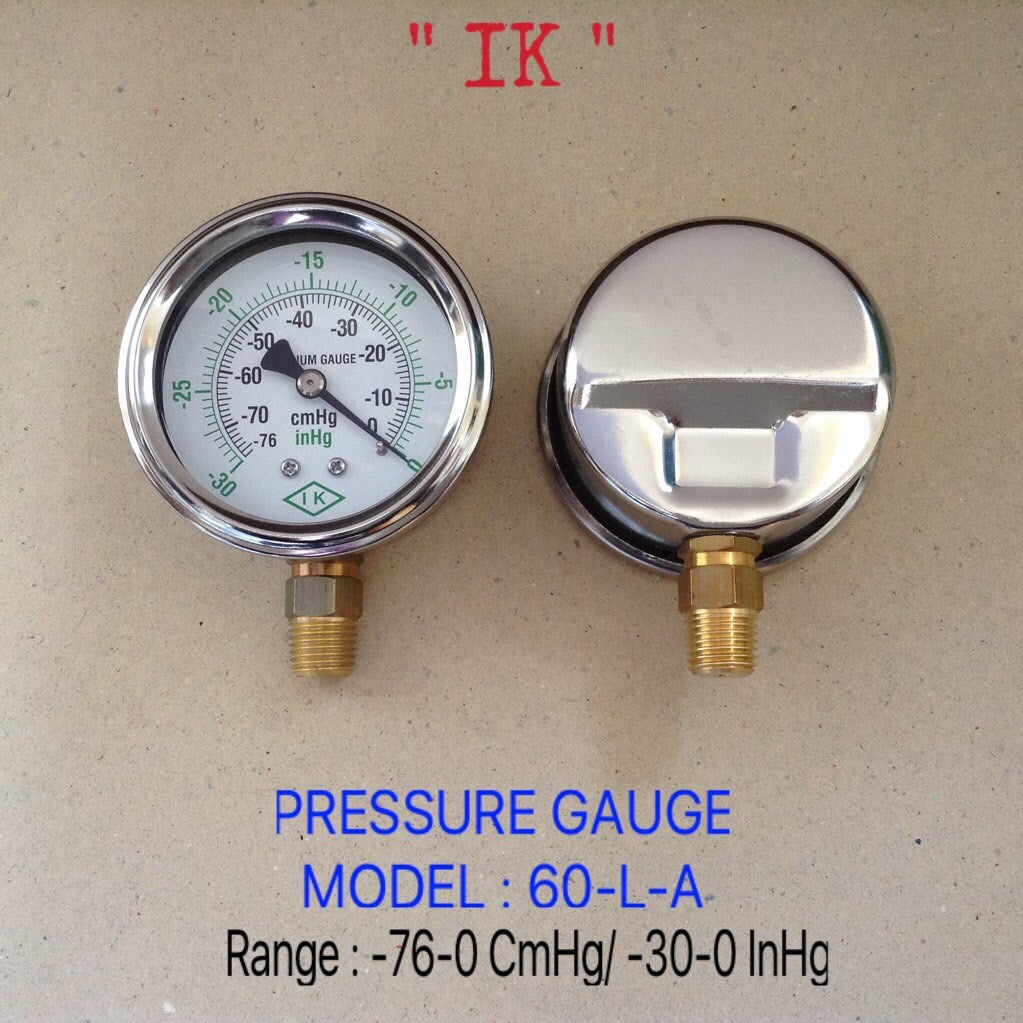 IK Pressure Gauges "IK" 2.5 นิ้ว -76-0 CMHG /-30-0 INHG ออกล่าง 1/4" ทองเหลือง NPT