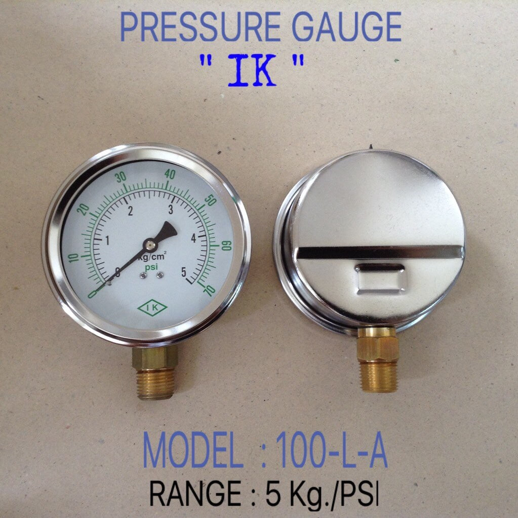 IK Pressure Gauges "IK" 4 นิ้ว 0-5KG/0-70PSI ออกล่าง 1/2" ทองเหลือง NPT