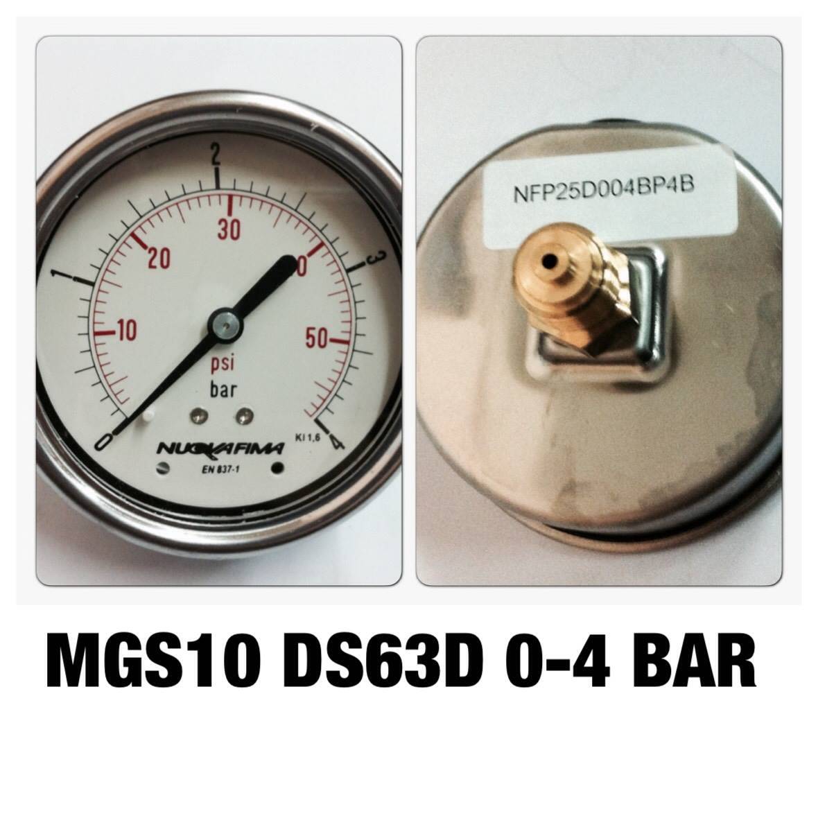 NUOVA FIMA Pressure Gauges 2.5 นิ้ว 0-4BAR (50PSI) ออกหลัง เกลียว 1/4" BSP ทองเหลือง