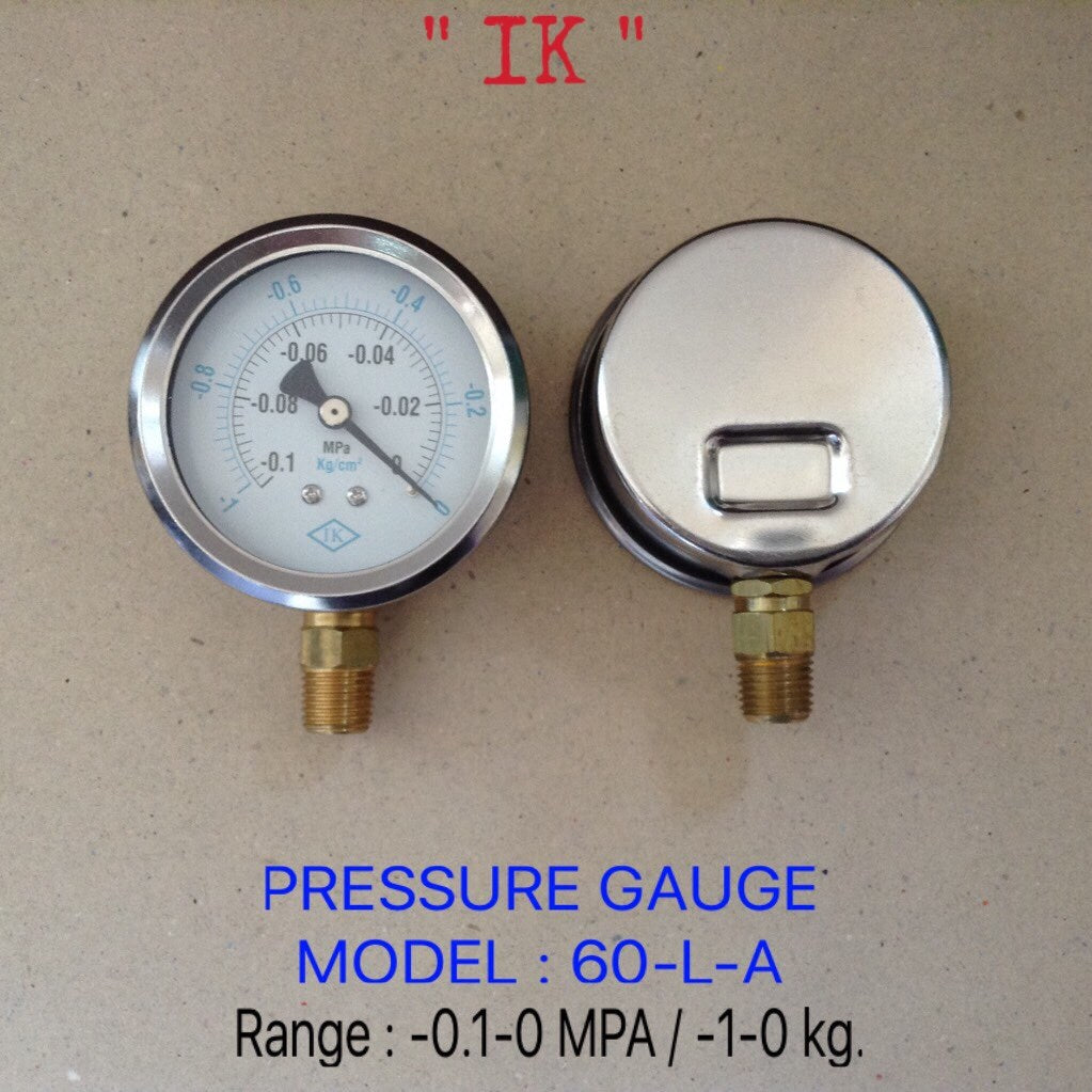 IK Pressure Gauges "IK" 2.5 นิ้ว -0.1-0 MPA/-1-0KG ออกล่าง 1/4" ทองเหลือง NPT