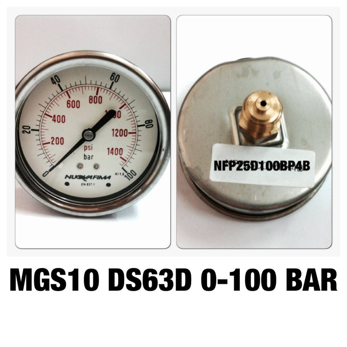 NUOVA FIMA Pressure Gauges 2.5 นิ้ว 0-100BAR (1400PSI) ออกหลัง เกลียว 1/4" BSP ทองเหลือง