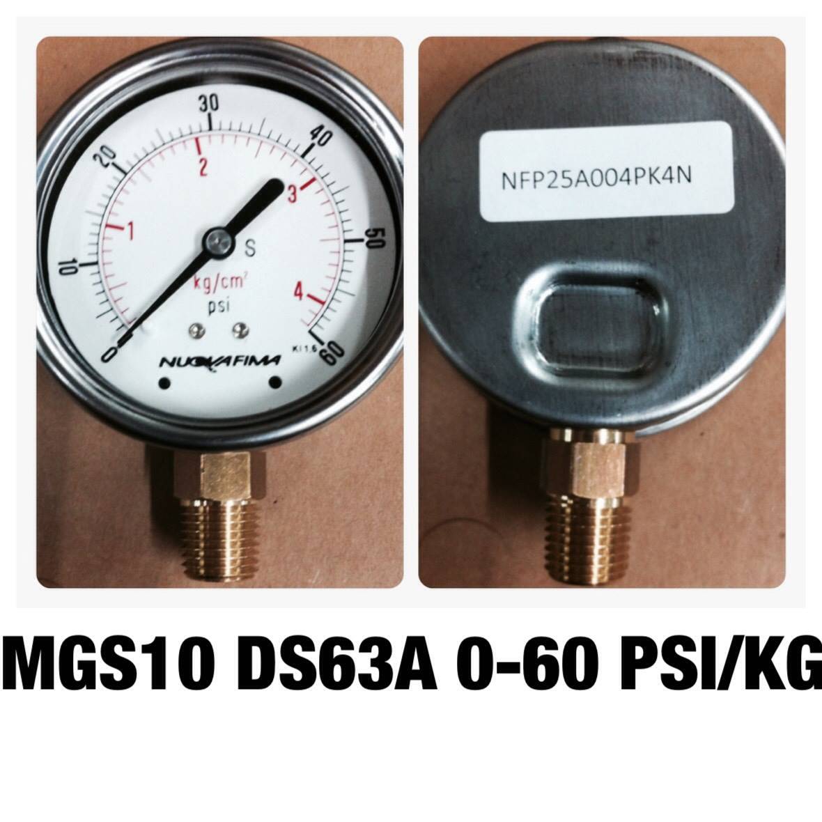 NUOVA FIMA Pressure Gauges 2.5 นิ้ว 0-4 KG (58PSI) ออกล่าง เกลียว 1/4" NPT ทองเหลือง