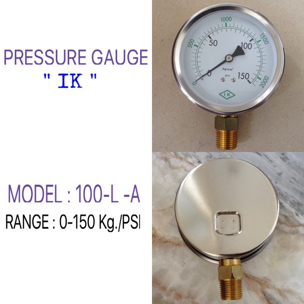 IK Pressure Gauges "IK" 4 นิ้ว 0-150KG/0-2000PSI ออกล่าง 1/2" ทองเหลือง NPT