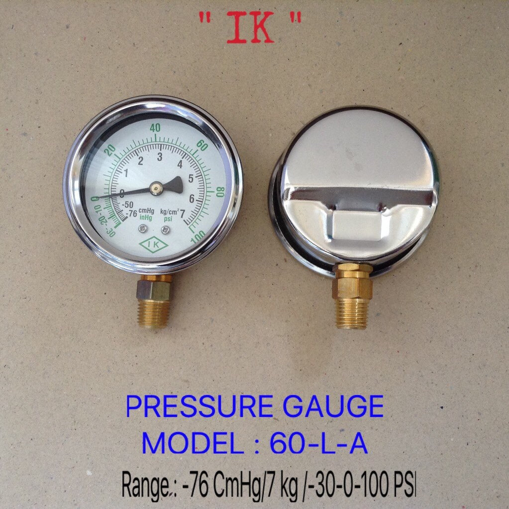 IK Pressure Gauges "IK" 2.5 นิ้ว -76-0 CMHG 7KG/ -30-0-100 PSI ออกล่าง 1/4" ทองเหลือง NPT
