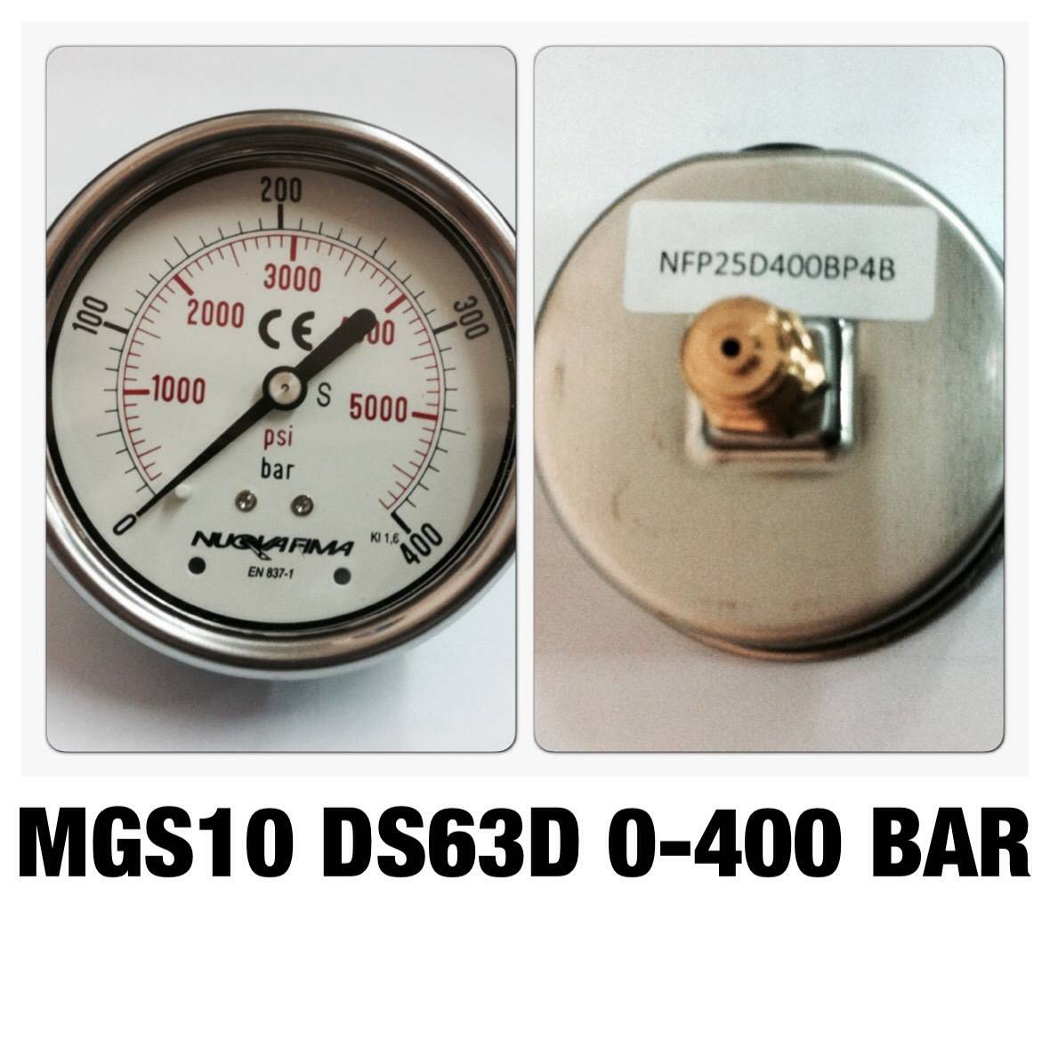 NUOVA FIMA Pressure Gauges 2.5 นิ้ว 0-400BAR (5000PSI) ออกหลัง เกลียว 1/4" BSP ทองเหลือง