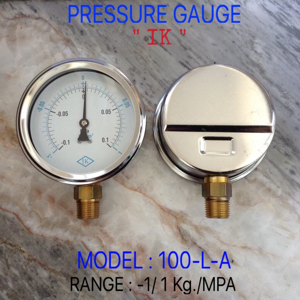 IK Pressure Gauges "IK" 4 นิ้ว -0.1+0.1MPA/-1+1KG ออกล่าง 1/2" ทองเหลือง NPT