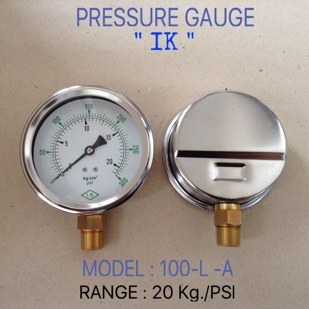 IK Pressure Gauges "IK" 4 นิ้ว 0-20KG/0-300PSI ออกล่าง 1/2" ทองเหลือง NPT
