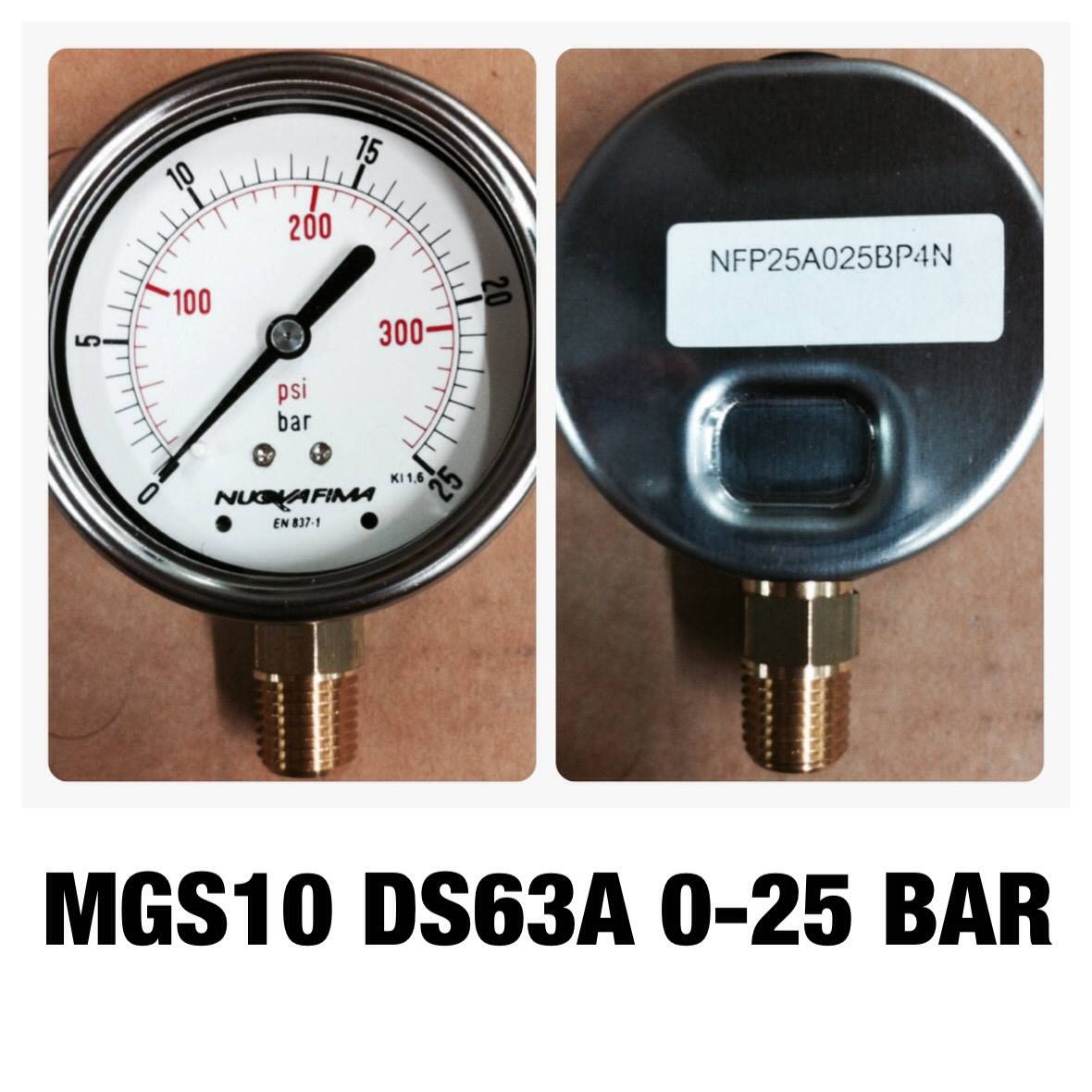 NUOVA FIMA Pressure Gauges 2.5 นิ้ว 0-25 BAR (300PSI) ออกล่าง เกลียว 1/4" NPT ทองเหลือง