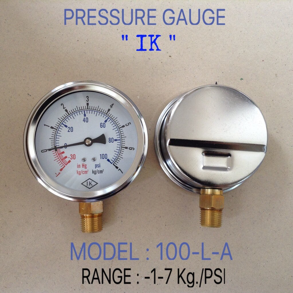 IK Pressure Gauges "IK" 4 นิ้ว -1-7KG/-30-100PSI ออกล่าง 1/2" ทองเหลือง NPT