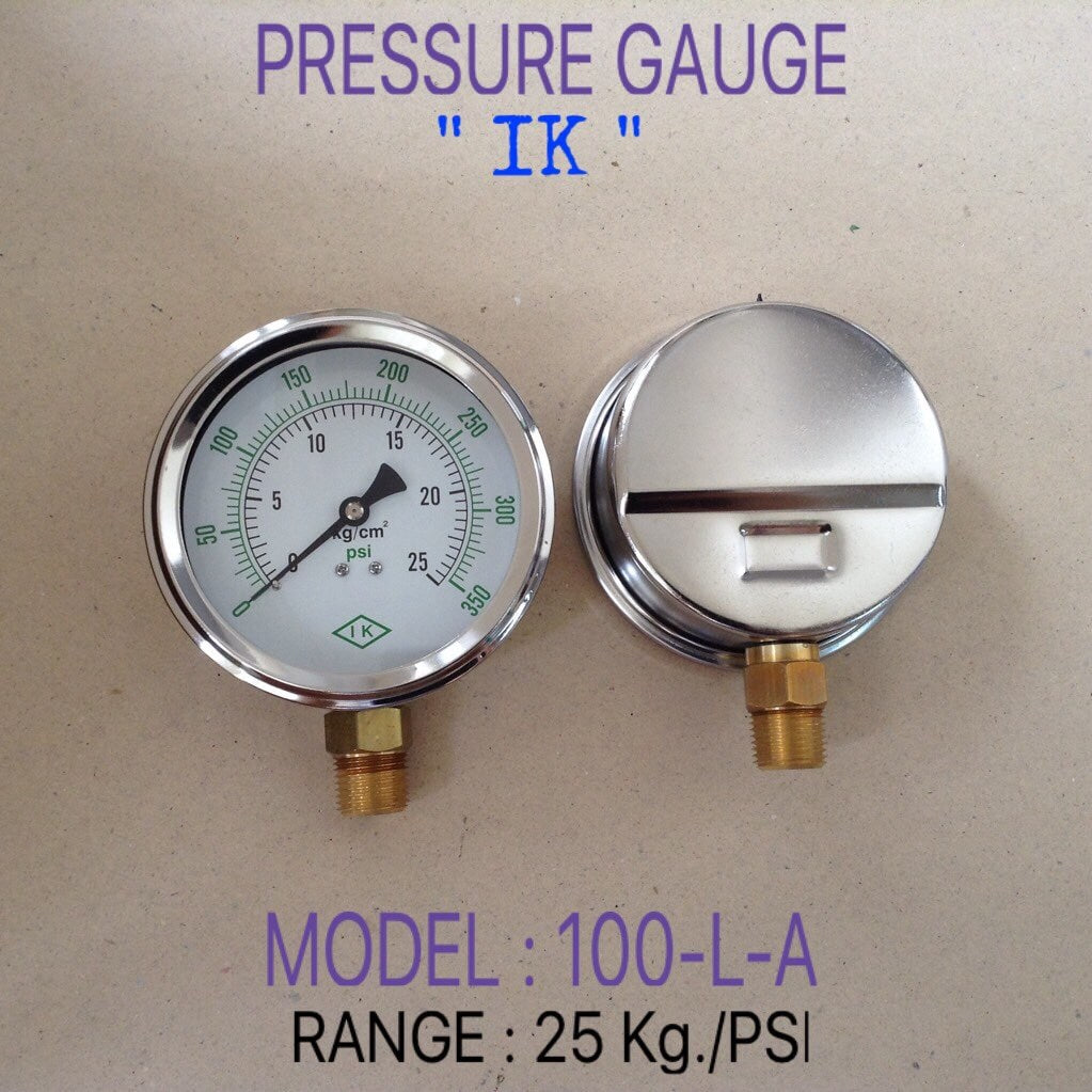 IK Pressure Gauges "IK" 4 นิ้ว 0-25KG/0-350PSI ออกล่าง 1/2" ทองเหลือง NPT